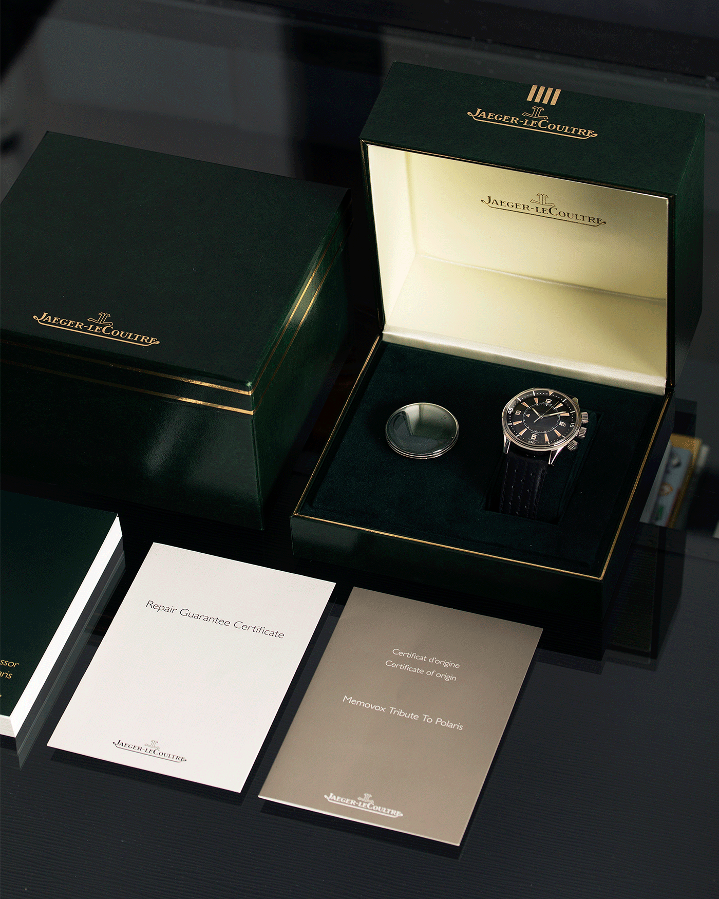 Brand: Jaeger-LeCoultre Model: Memovox Tribute to Polaris Reference Number: 190.8.96 Year: 2008 Material: Stainless Steel Movement: Jaeger-LeCoultre Calibre 956 Case Diameter: 42.5mm Strap: Jaeger-LeCoultre Black Perforated Diving Strap
