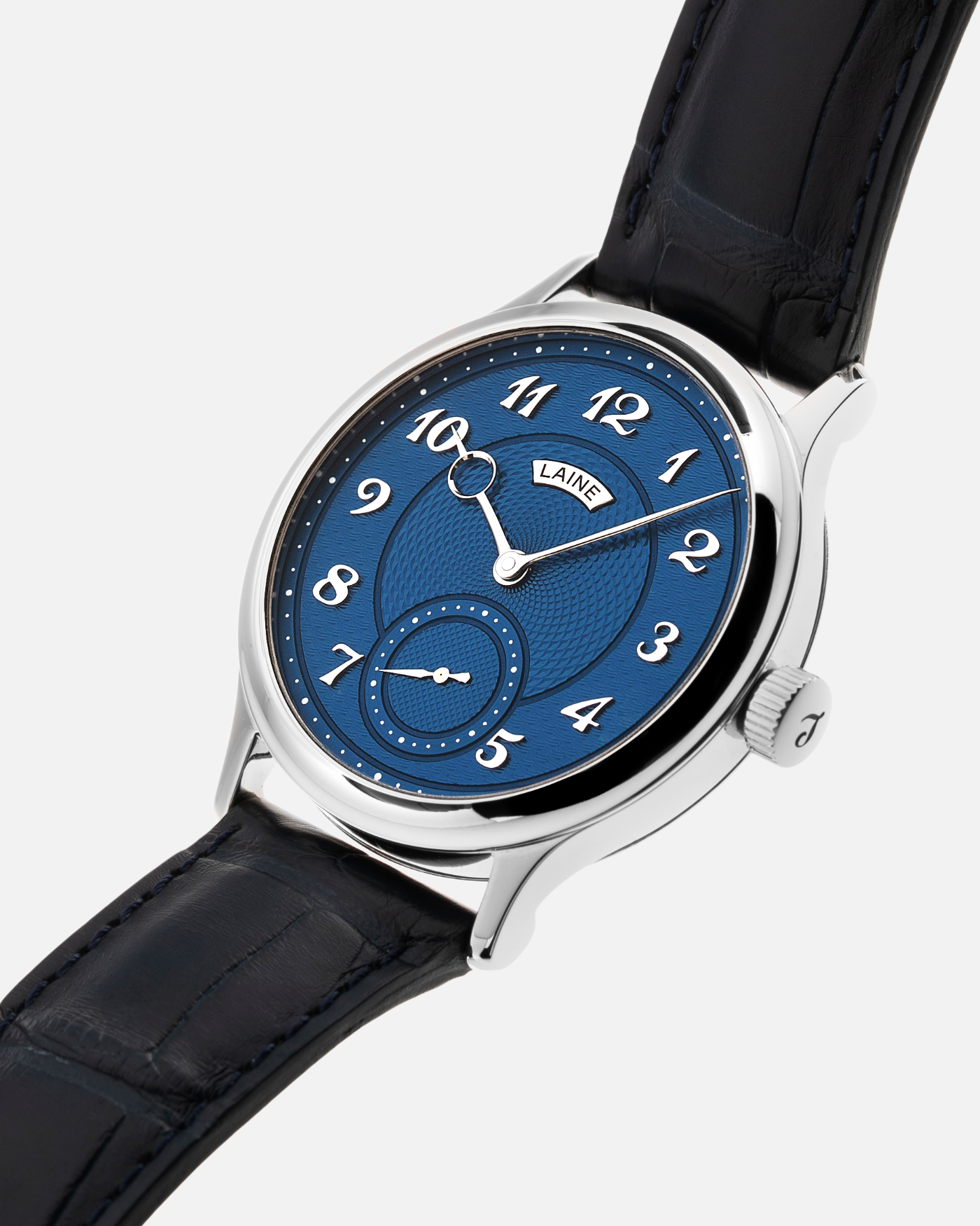 Brand: Laine Year: 2021 Model: V38 Material: Stainless Steel Movement: Vaucher VMF 5401  Case Diameter: 38mm Strap: Dark Blue Laine Alligator Strap and Signed Stainless Steel Tang Buckle