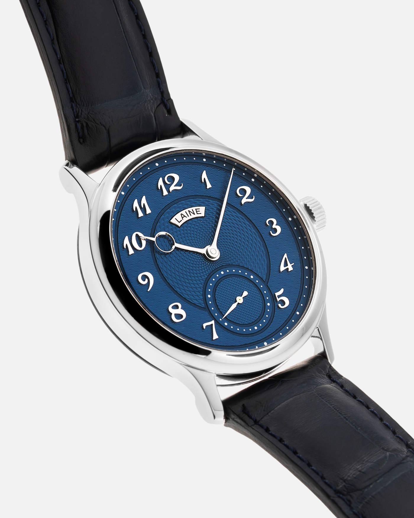 Brand: Laine Year: 2021 Model: V38 Material: Stainless Steel Movement: Vaucher VMF 5401  Case Diameter: 38mm Strap: Dark Blue Laine Alligator Strap and Signed Stainless Steel Tang Buckle