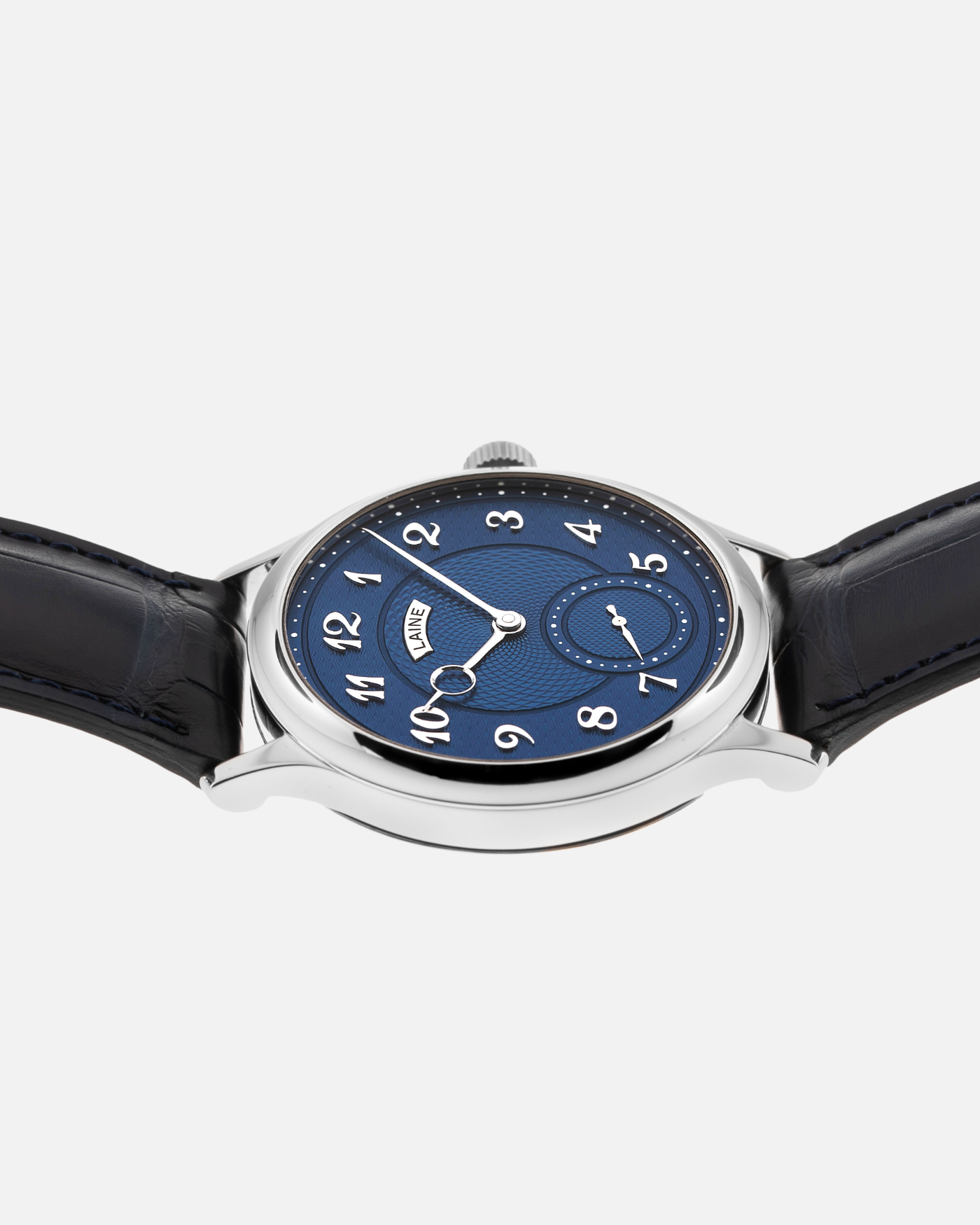 Brand: Laine Year: 2021 Model: V38 Material: Stainless Steel Movement: Vaucher VMF 5401  Case Diameter: 38mm Strap: Dark Blue Laine Alligator Strap and Signed Stainless Steel Tang Buckle