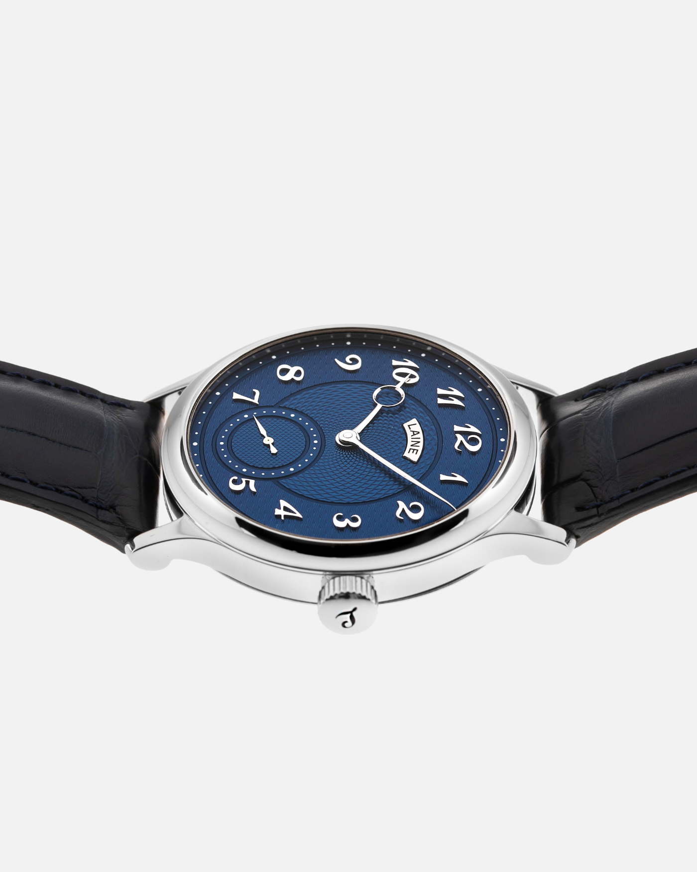 Brand: Laine Year: 2021 Model: V38 Material: Stainless Steel Movement: Vaucher VMF 5401  Case Diameter: 38mm Strap: Dark Blue Laine Alligator Strap and Signed Stainless Steel Tang Buckle