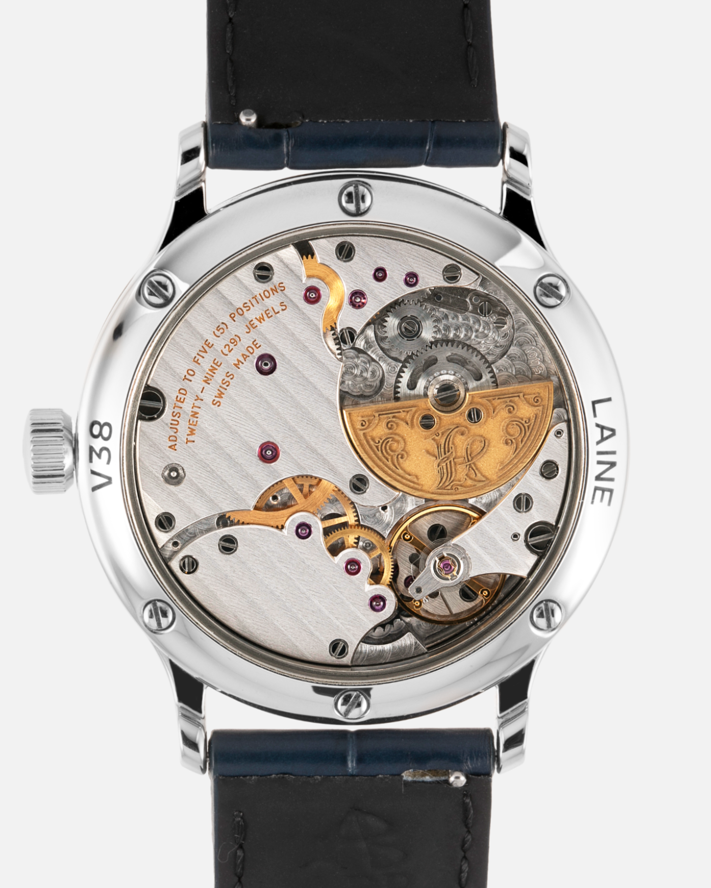 Brand: Laine Year: 2021 Model: V38 Material: Stainless Steel Movement: Vaucher VMF 5401  Case Diameter: 38mm Strap: Dark Blue Laine Alligator Strap and Signed Stainless Steel Tang Buckle