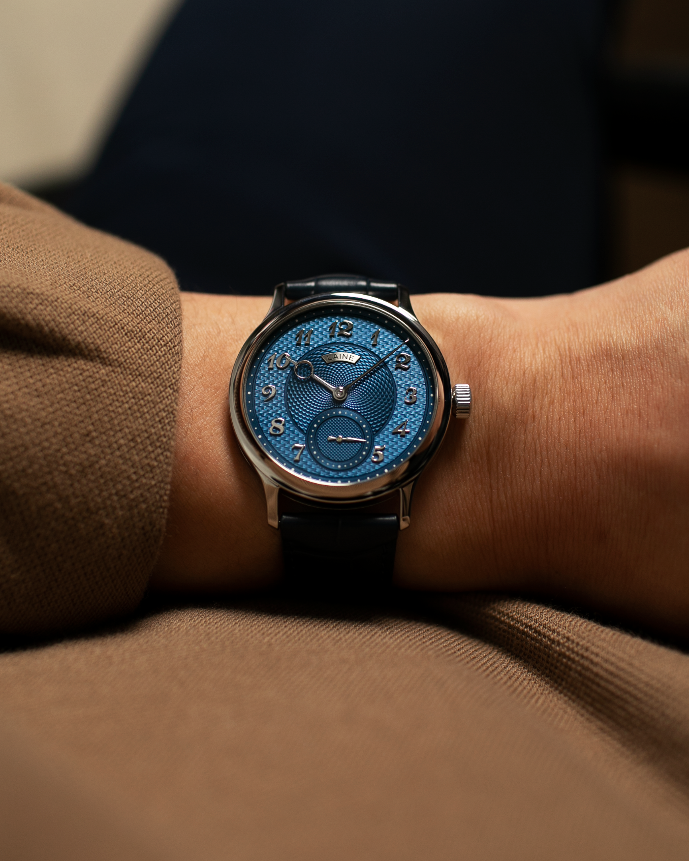 Brand: Laine Year: 2021 Model: V38 Material: Stainless Steel Movement: Vaucher VMF 5401  Case Diameter: 38mm Strap: Dark Blue Laine Alligator Strap and Signed Stainless Steel Tang Buckle