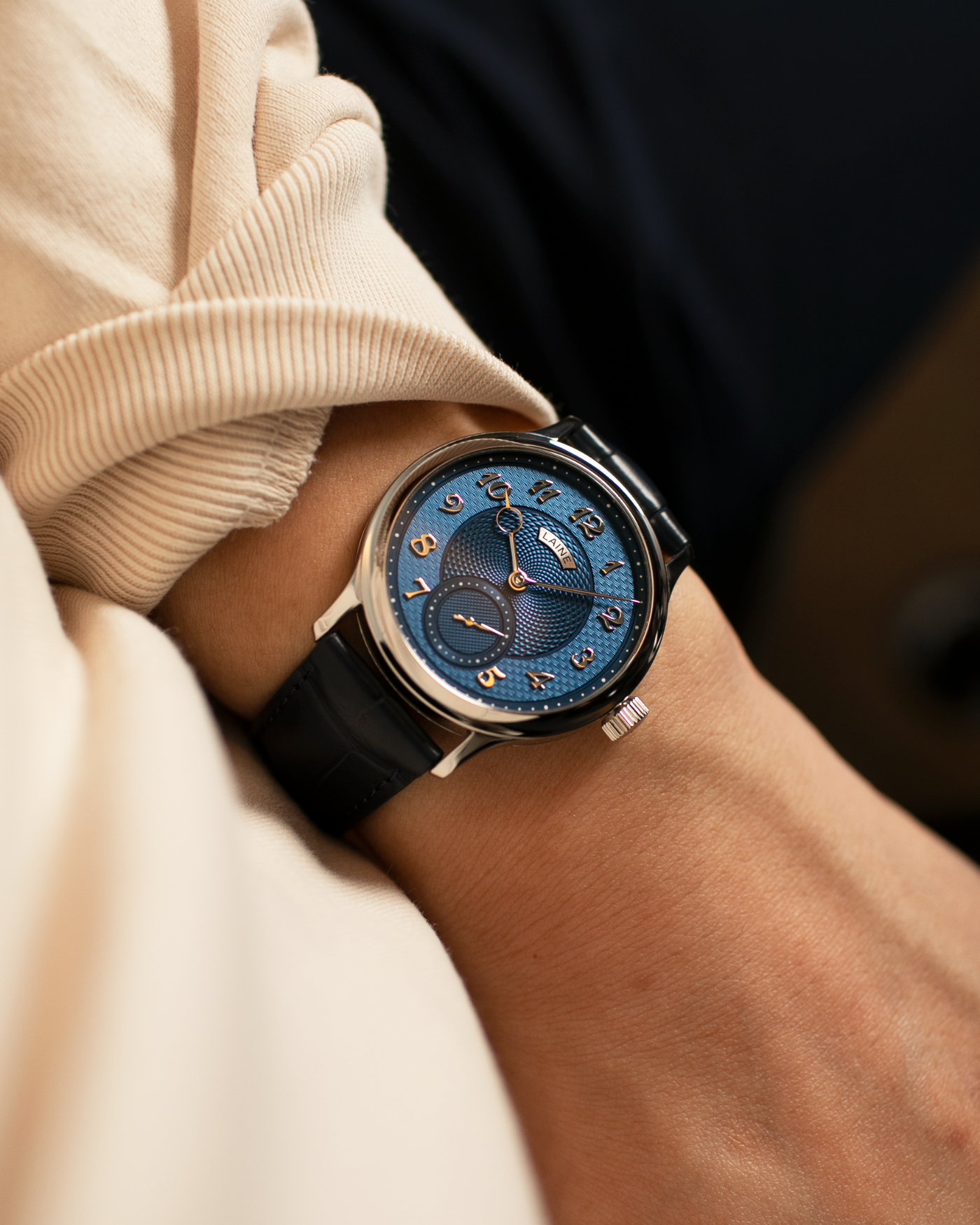 Brand: Laine Year: 2021 Model: V38 Material: Stainless Steel Movement: Vaucher VMF 5401  Case Diameter: 38mm Strap: Dark Blue Laine Alligator Strap and Signed Stainless Steel Tang Buckle