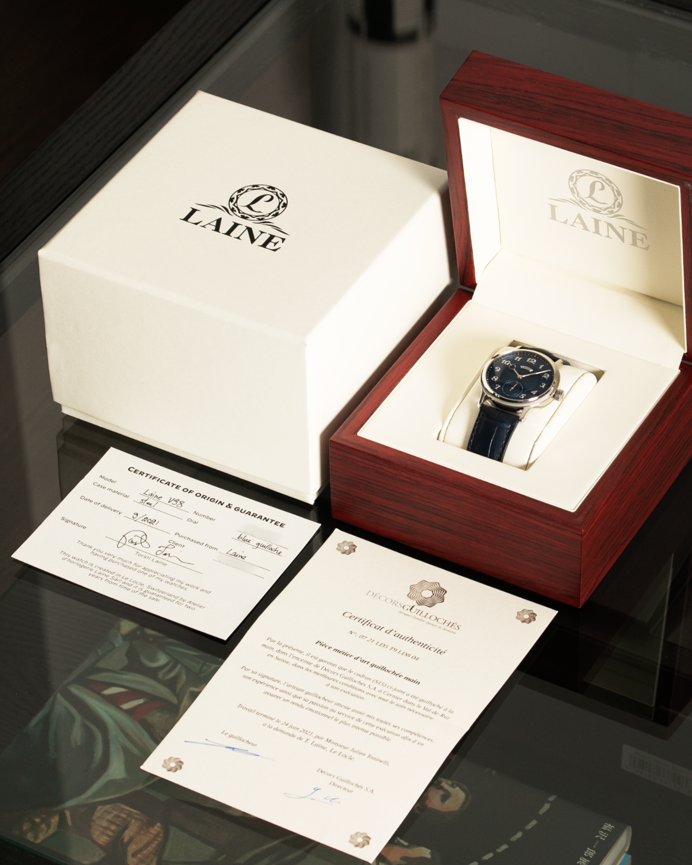 Brand: Laine Year: 2021 Model: V38 Material: Stainless Steel Movement: Vaucher VMF 5401  Case Diameter: 38mm Strap: Dark Blue Laine Alligator Strap and Signed Stainless Steel Tang Buckle