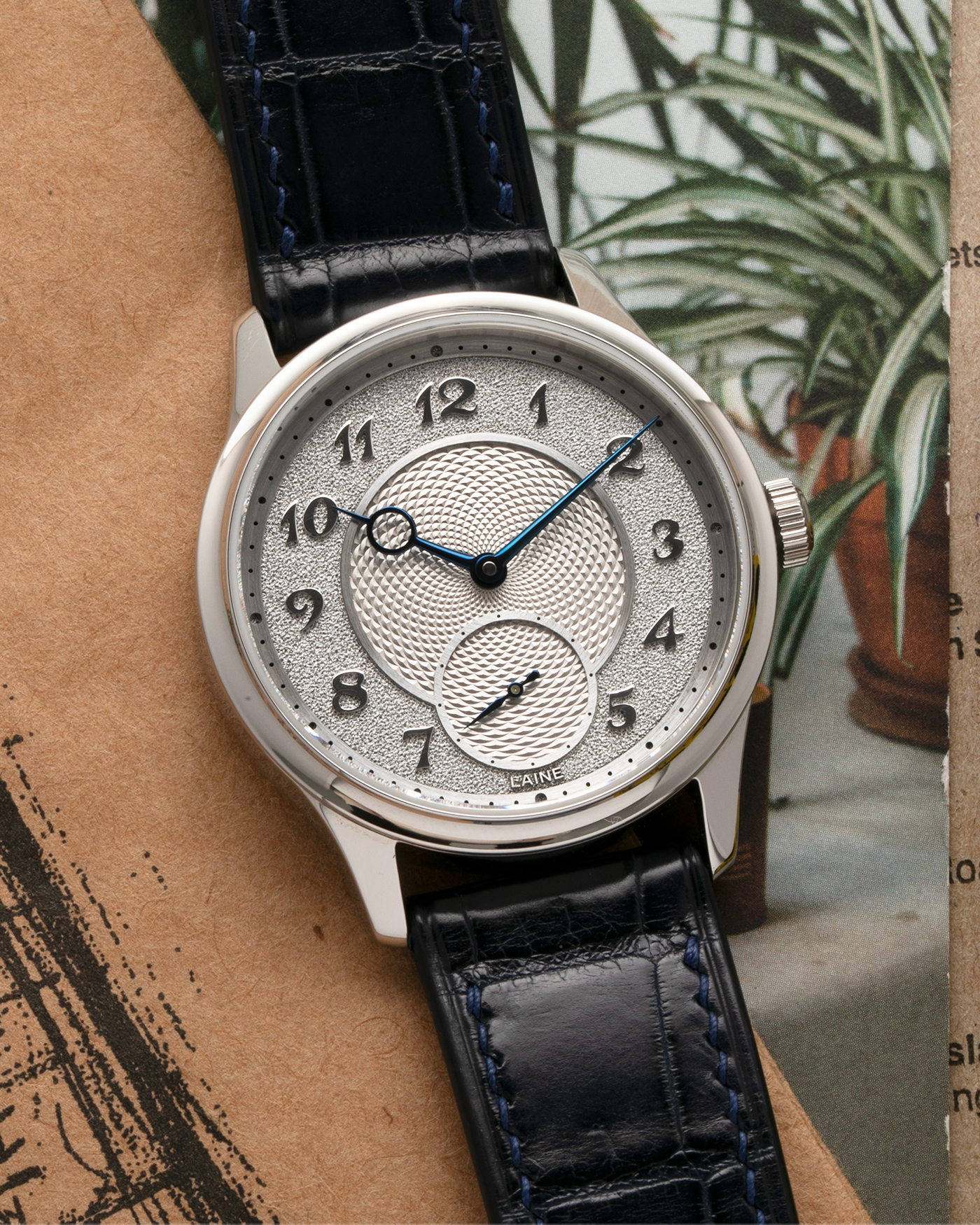 Brand: Laine Year: 2022 Model: V38 Material: Stainless Steel Movement: Vaucher VMF 5401  Case Diameter: 38mm Strap: Dark Blue Laine Alligator Strap and Signed Stainless Steel Tang Buckle