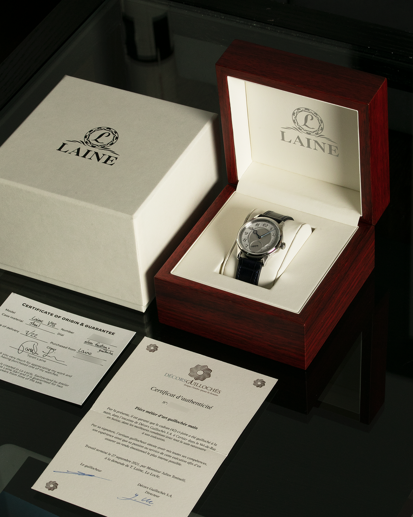 Brand: Laine Year: 2022 Model: V38 Material: Stainless Steel Movement: Vaucher VMF 5401  Case Diameter: 38mm Strap: Dark Blue Laine Alligator Strap and Signed Stainless Steel Tang Buckle
