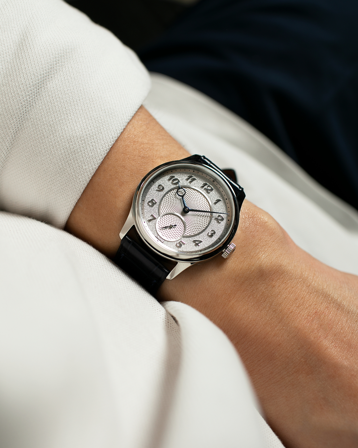 Brand: Laine Year: 2022 Model: V38 Material: Stainless Steel Movement: Vaucher VMF 5401  Case Diameter: 38mm Strap: Dark Blue Laine Alligator Strap and Signed Stainless Steel Tang Buckle