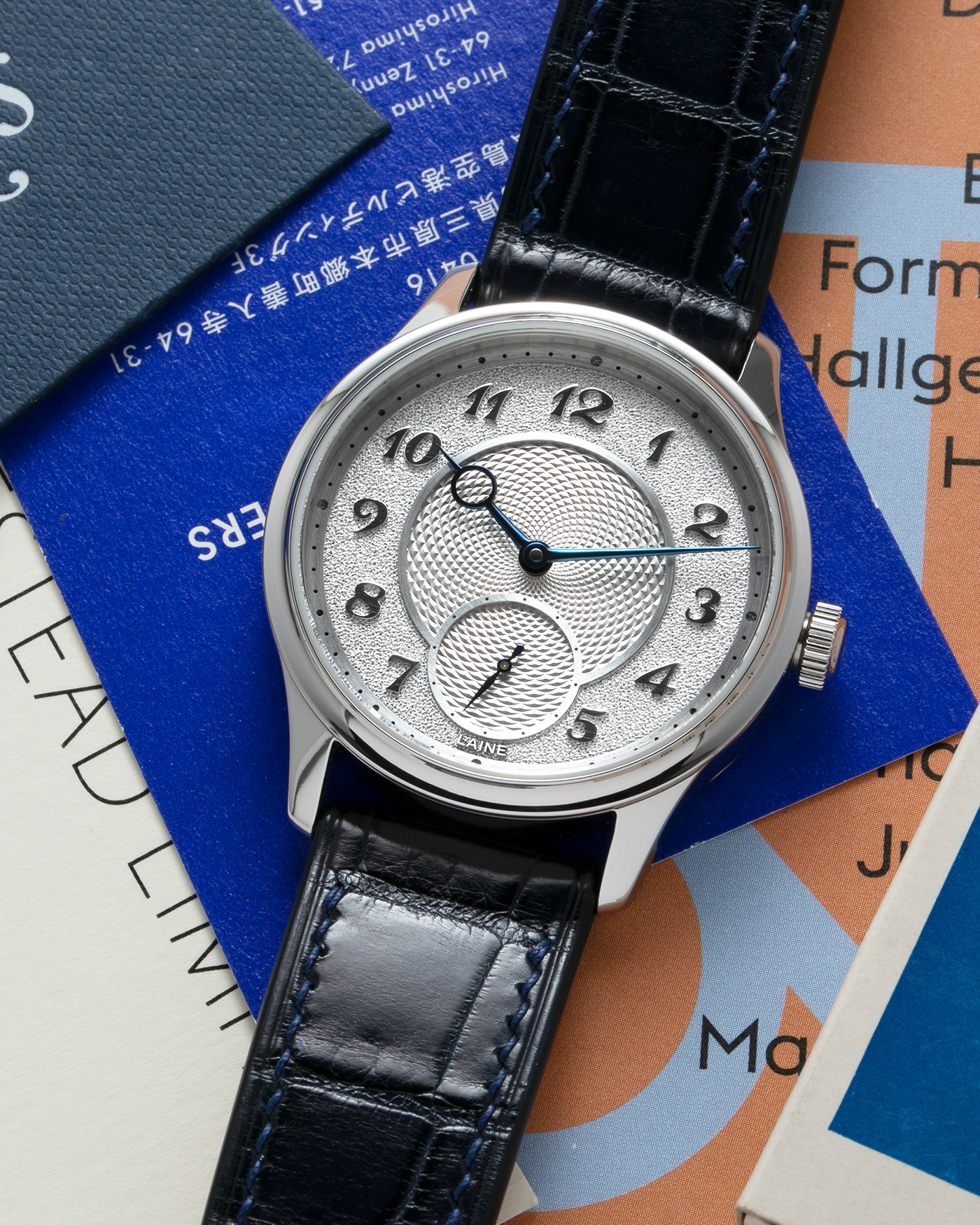 Brand: Laine Year: 2022 Model: V38 Material: Stainless Steel Movement: Vaucher VMF 5401  Case Diameter: 38mm Strap: Dark Blue Laine Alligator Strap and Signed Stainless Steel Tang Buckle