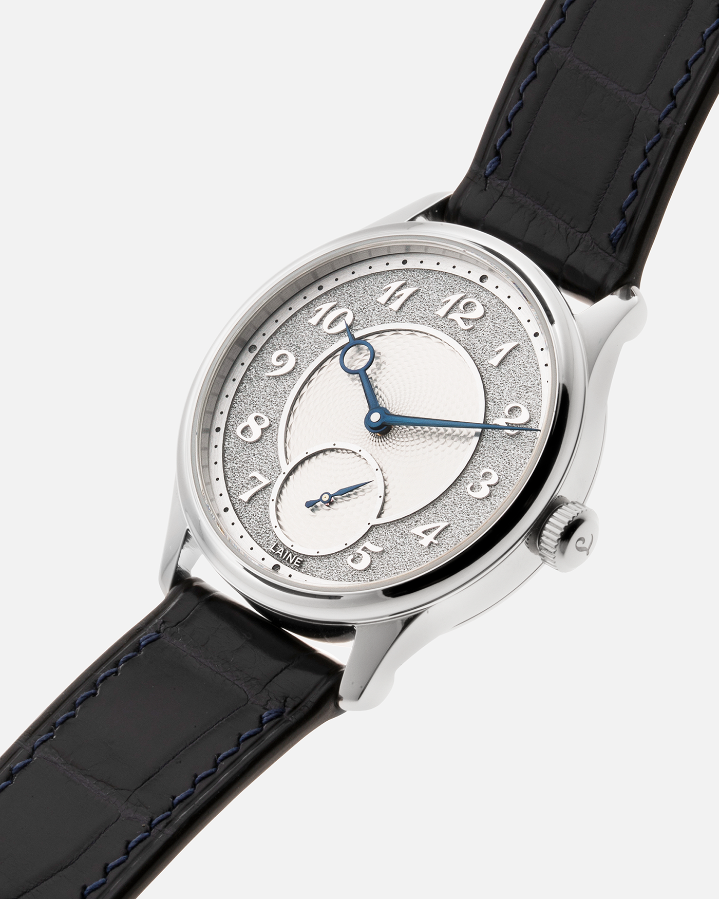 Brand: Laine Year: 2022 Model: V38 Material: Stainless Steel Movement: Vaucher VMF 5401  Case Diameter: 38mm Strap: Dark Blue Laine Alligator Strap and Signed Stainless Steel Tang Buckle