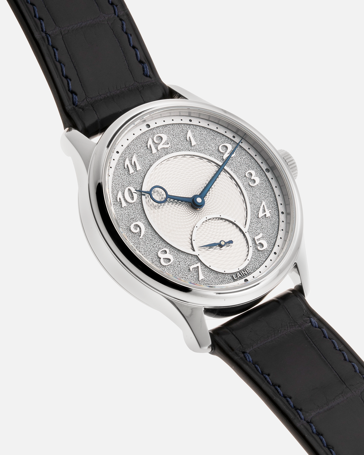 Brand: Laine Year: 2022 Model: V38 Material: Stainless Steel Movement: Vaucher VMF 5401  Case Diameter: 38mm Strap: Dark Blue Laine Alligator Strap and Signed Stainless Steel Tang Buckle