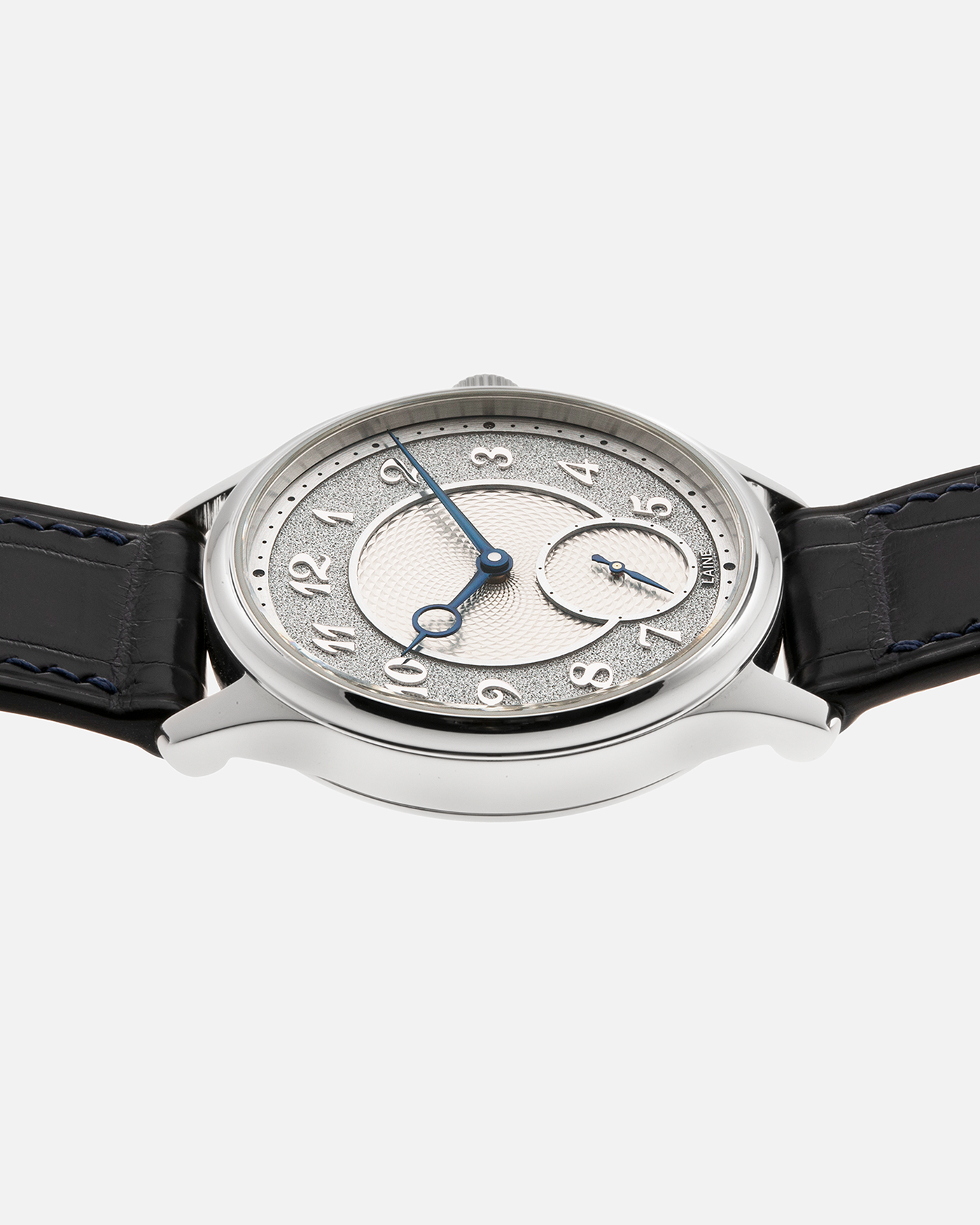 Brand: Laine Year: 2022 Model: V38 Material: Stainless Steel Movement: Vaucher VMF 5401  Case Diameter: 38mm Strap: Dark Blue Laine Alligator Strap and Signed Stainless Steel Tang Buckle