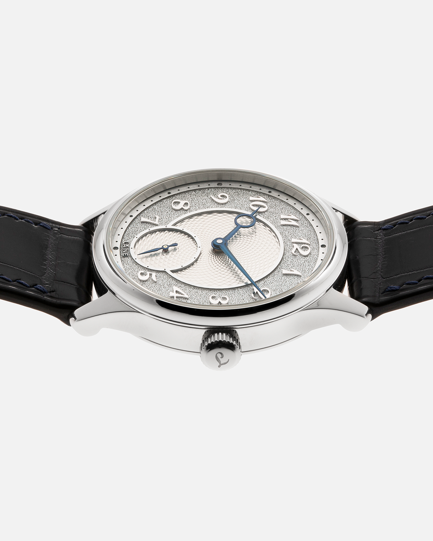 Brand: Laine Year: 2022 Model: V38 Material: Stainless Steel Movement: Vaucher VMF 5401  Case Diameter: 38mm Strap: Dark Blue Laine Alligator Strap and Signed Stainless Steel Tang Buckle
