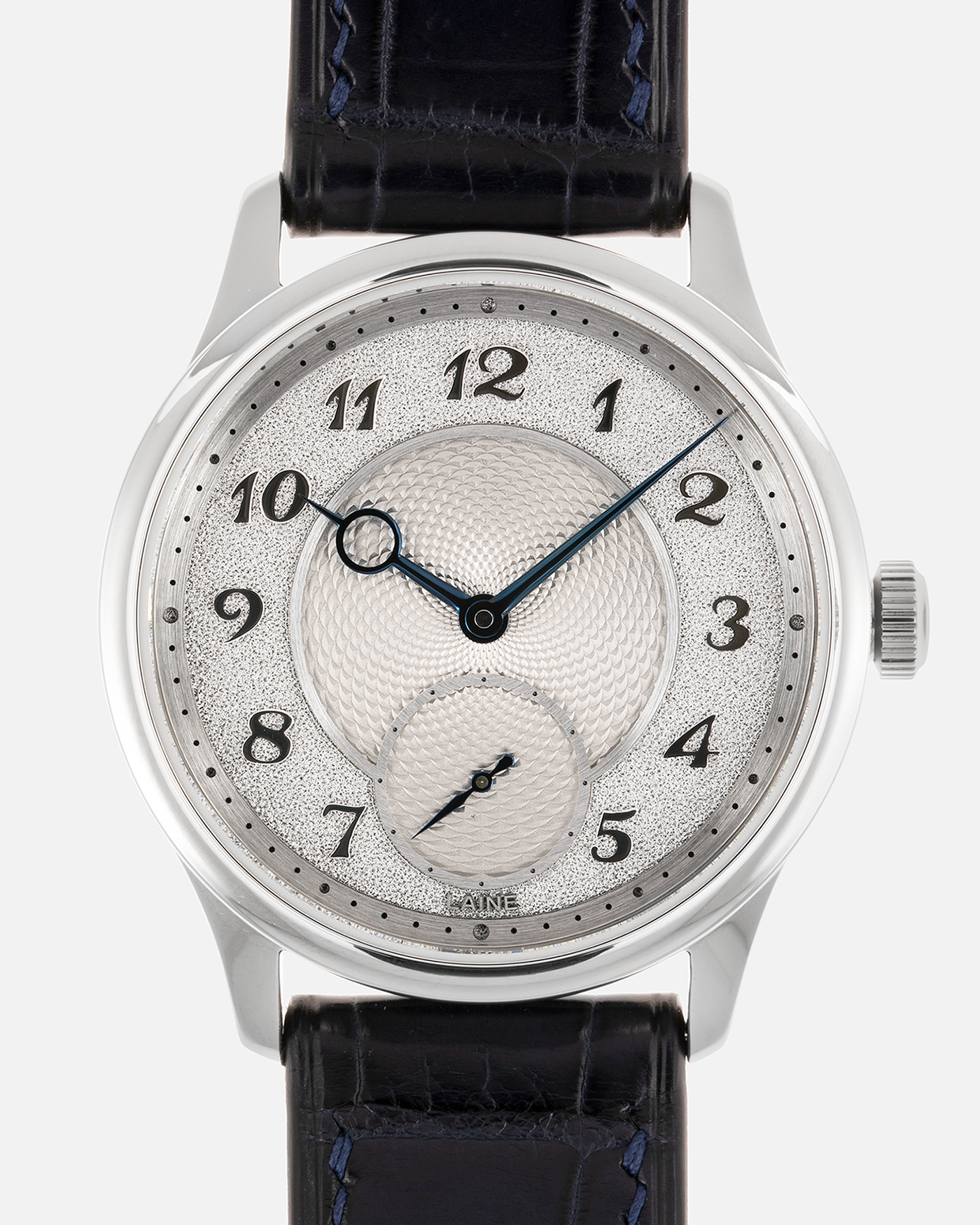 Brand: Laine Year: 2022 Model: V38 Material: Stainless Steel Movement: Vaucher VMF 5401  Case Diameter: 38mm Strap: Dark Blue Laine Alligator Strap and Signed Stainless Steel Tang Buckle
