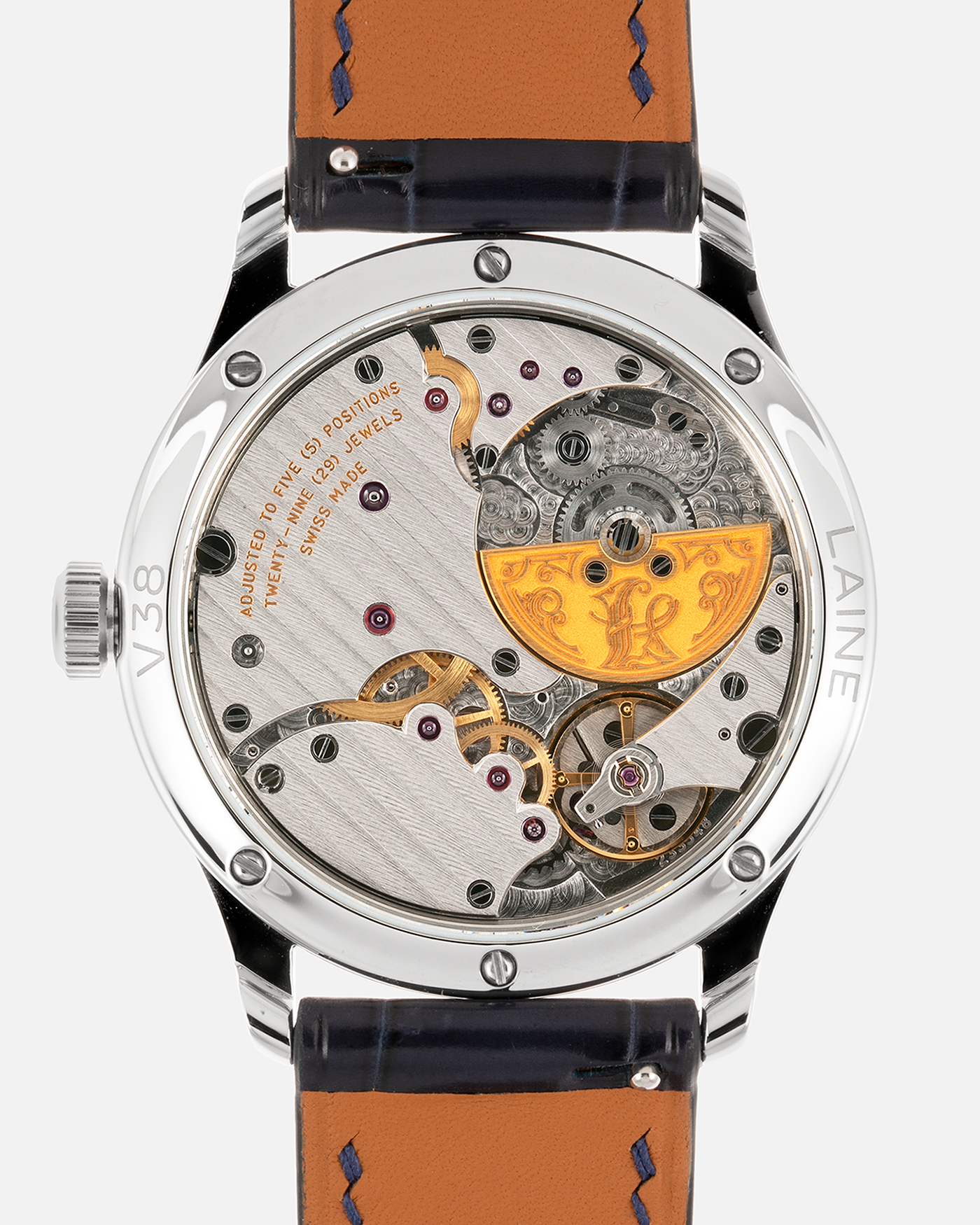 Brand: Laine Year: 2022 Model: V38 Material: Stainless Steel Movement: Vaucher VMF 5401  Case Diameter: 38mm Strap: Dark Blue Laine Alligator Strap and Signed Stainless Steel Tang Buckle