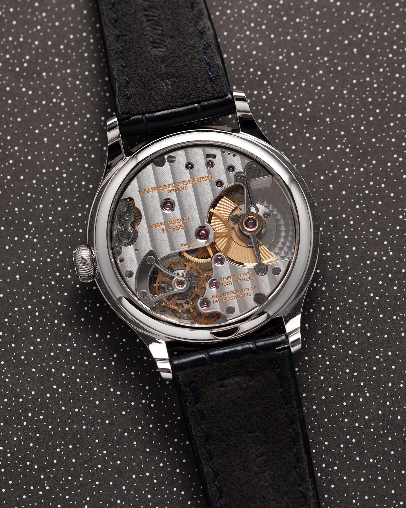 Brand: Laurent Ferrier Year: 2020 Model: Galet Classic Antoine de Macedo Material: Stainless Steel Movement: Cal. 229.01 Micro Rotor Case Diameter: 40mm Bracelet/Strap: Laurent Ferrier Blue Alligator Leather Strap with Laurent Ferrier Stainless Steel Tang Buckle
