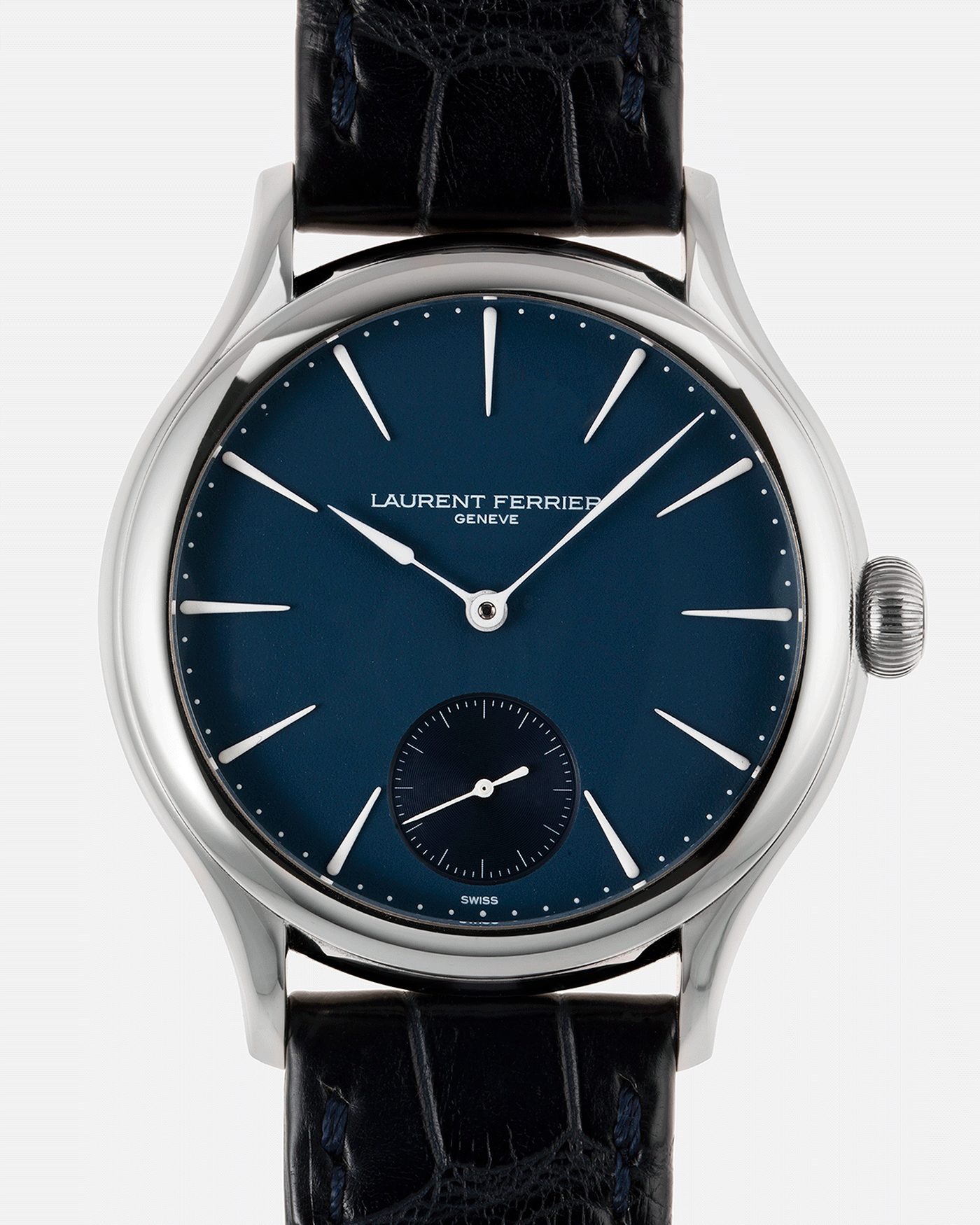 Brand: Laurent Ferrier Year: 2020 Model: Galet Classic Antoine de Macedo Material: Stainless Steel Movement: Cal. 229.01 Micro Rotor Case Diameter: 40mm Bracelet/Strap: Laurent Ferrier Blue Alligator Leather Strap with Laurent Ferrier Stainless Steel Tang Buckle