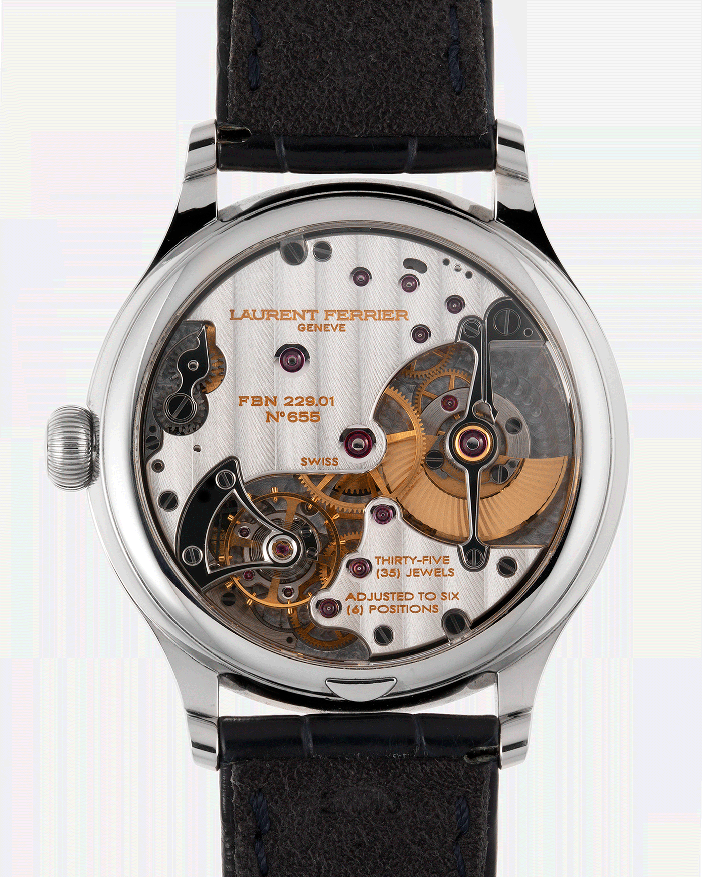 Brand: Laurent Ferrier Year: 2020 Model: Galet Classic Antoine de Macedo Material: Stainless Steel Movement: Cal. 229.01 Micro Rotor Case Diameter: 40mm Bracelet/Strap: Laurent Ferrier Blue Alligator Leather Strap with Laurent Ferrier Stainless Steel Tang Buckle