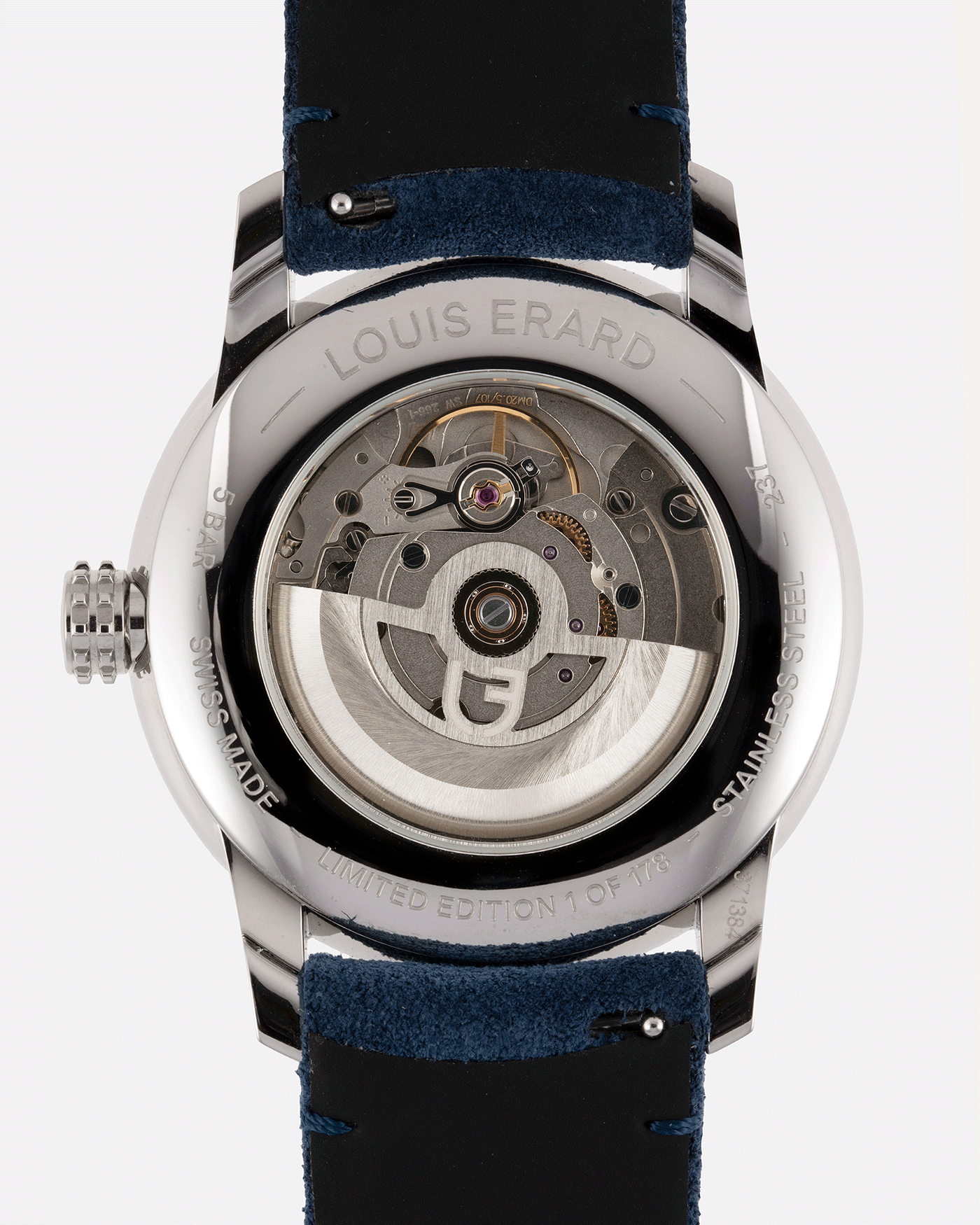 Brand: Louis Erard X Vianney Halter Year: 2020 Model: Le Regulateur Material: Stainless Steel Movement: Selitta Based Self Winding Movement Case Diameter: 42mm Bracelet/Strap: Louis Erard Blue Suede Strap with Stainless Steel Tang Buckle