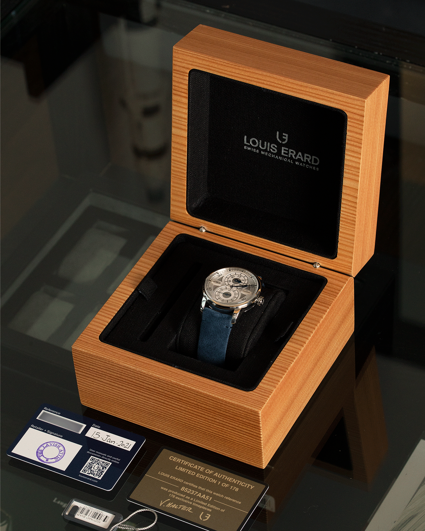 Brand: Louis Erard X Vianney Halter Year: 2020 Model: Le Regulateur Material: Stainless Steel Movement: Selitta Based Self Winding Movement Case Diameter: 42mm Bracelet/Strap: Louis Erard Blue Suede Strap with Stainless Steel Tang Buckle