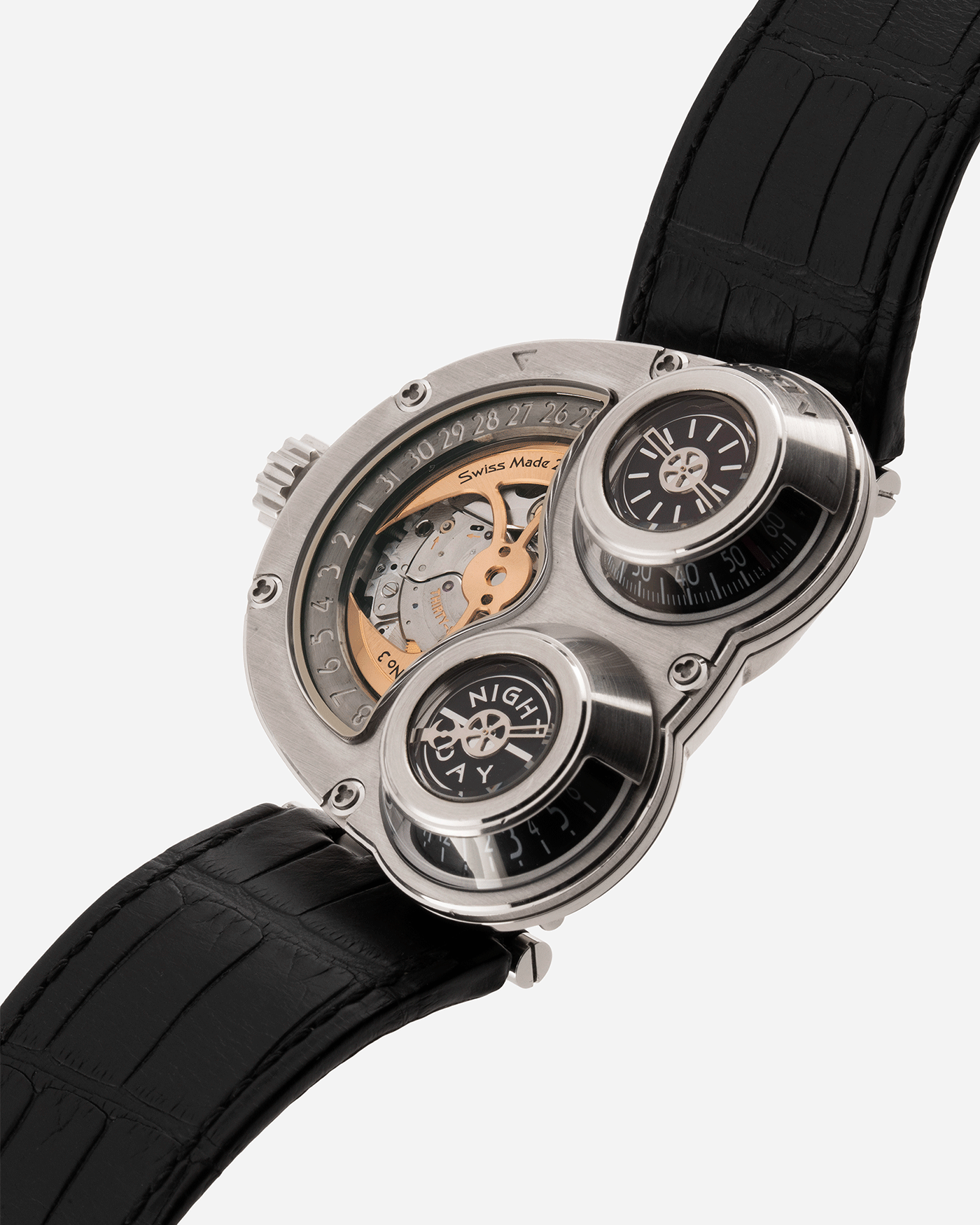 Brand: MB&F Year: 2010’s Model: HM3 Sidewinder Material: 18k White Gold Movement: Sowing Based, Agenhor Developed Case Diameter: 50mm X 47mm Bracelet/Strap: MB&F Black Alligator Strap and 18k White Gold Deployant