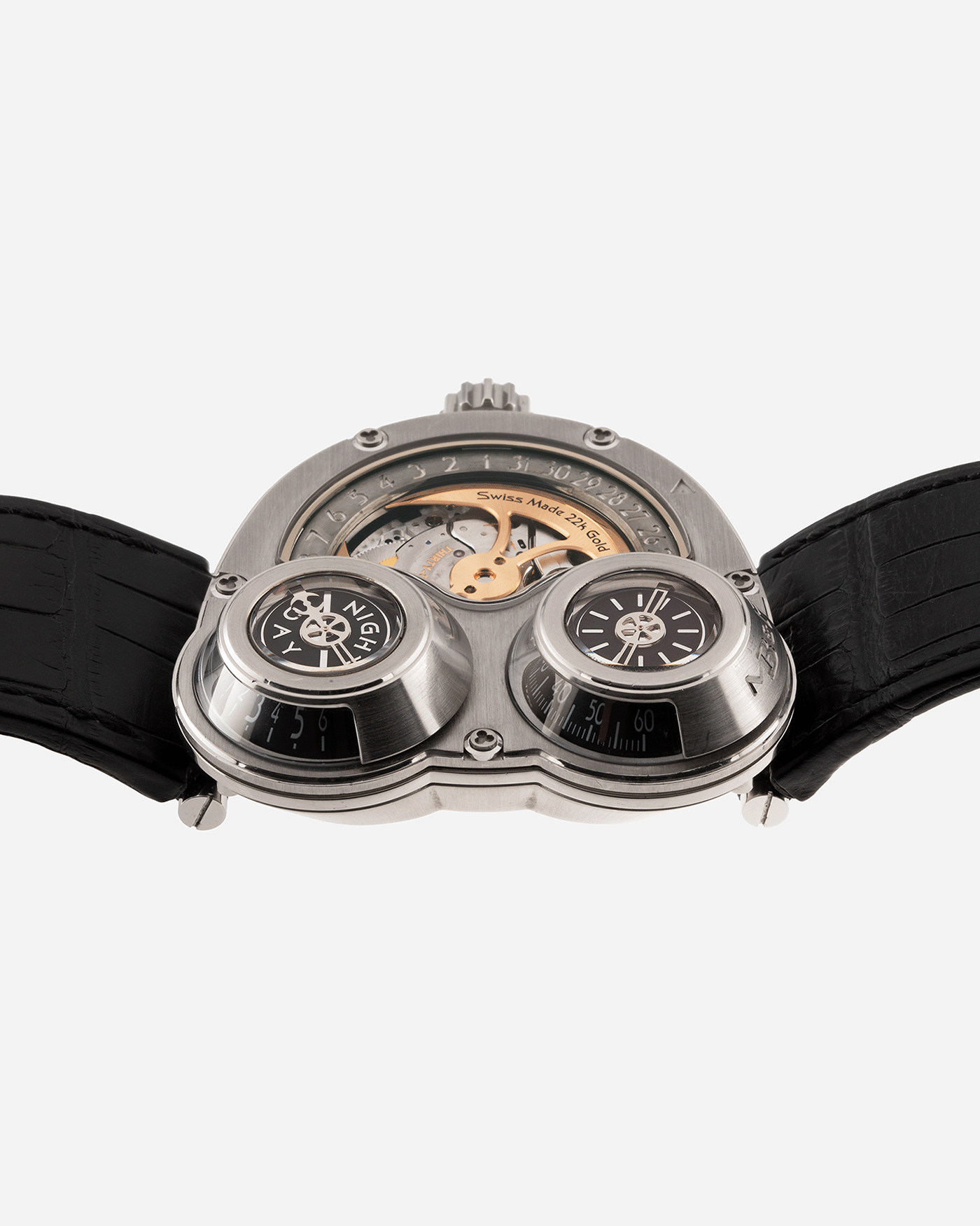 Brand: MB&F Year: 2010’s Model: HM3 Sidewinder Material: 18k White Gold Movement: Sowing Based, Agenhor Developed Case Diameter: 50mm X 47mm Bracelet/Strap: MB&F Black Alligator Strap and 18k White Gold Deployant