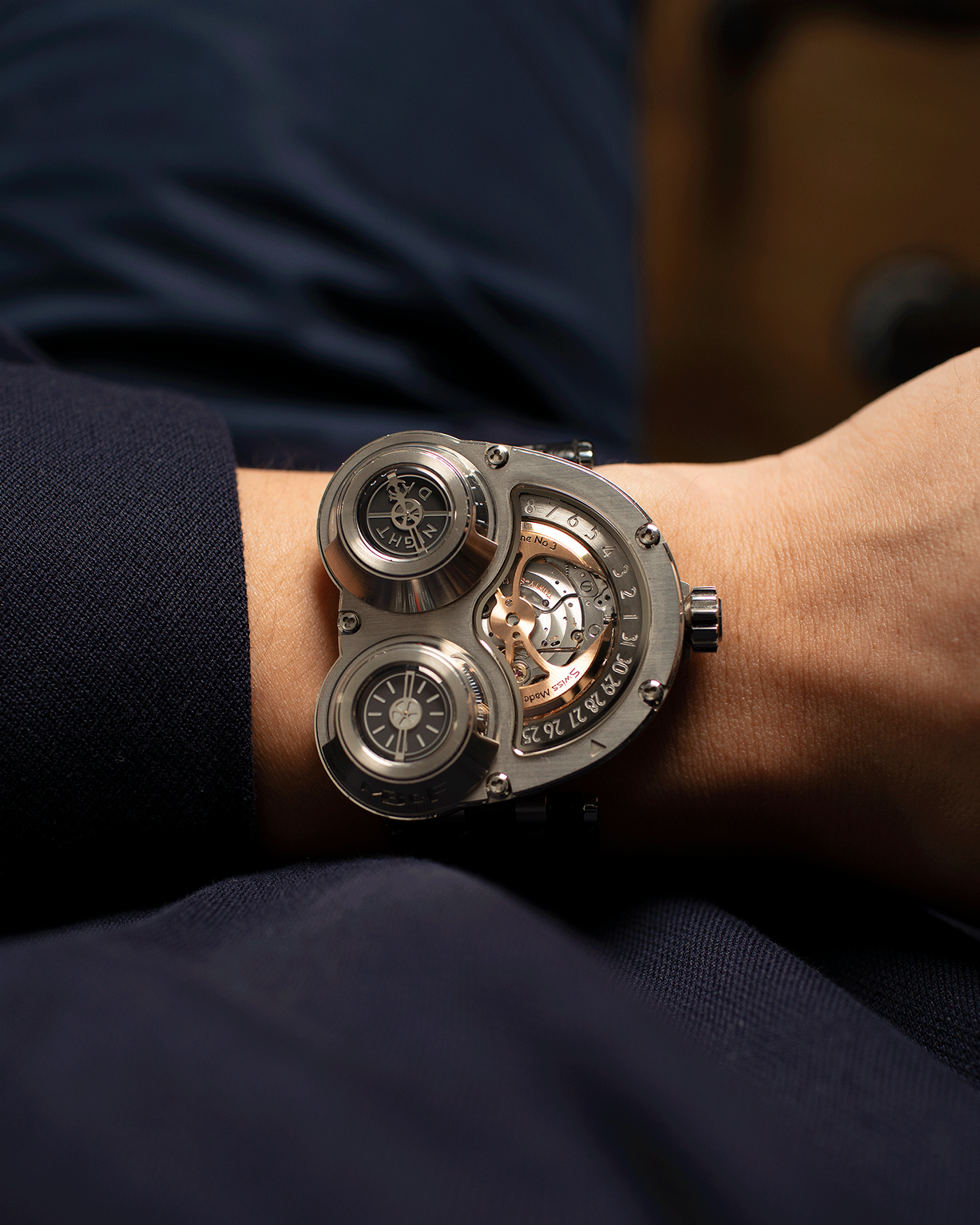 Brand: MB&F Year: 2010’s Model: HM3 Sidewinder Material: 18k White Gold Movement: Sowing Based, Agenhor Developed Case Diameter: 50mm X 47mm Bracelet/Strap: MB&F Black Alligator Strap and 18k White Gold Deployant