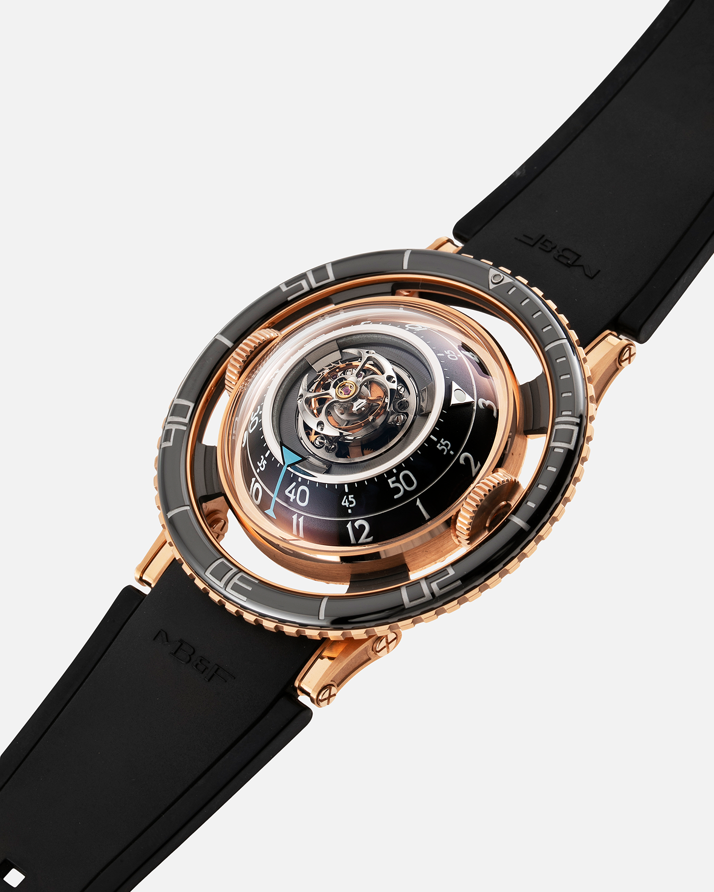 Brand: MB&F Year: 2022 Model: HM7 Aquapod Material: 18k Rose Gold Movement: In-House 3D Vertical Architecture MB&F HM7 Tourbillon Case Diameter: 53.8mm X 21.3mm With Articulating Lugs Bracelet/Strap: MB&F Black Rubber Strap with 18k Rose Gold Deployant Clasp