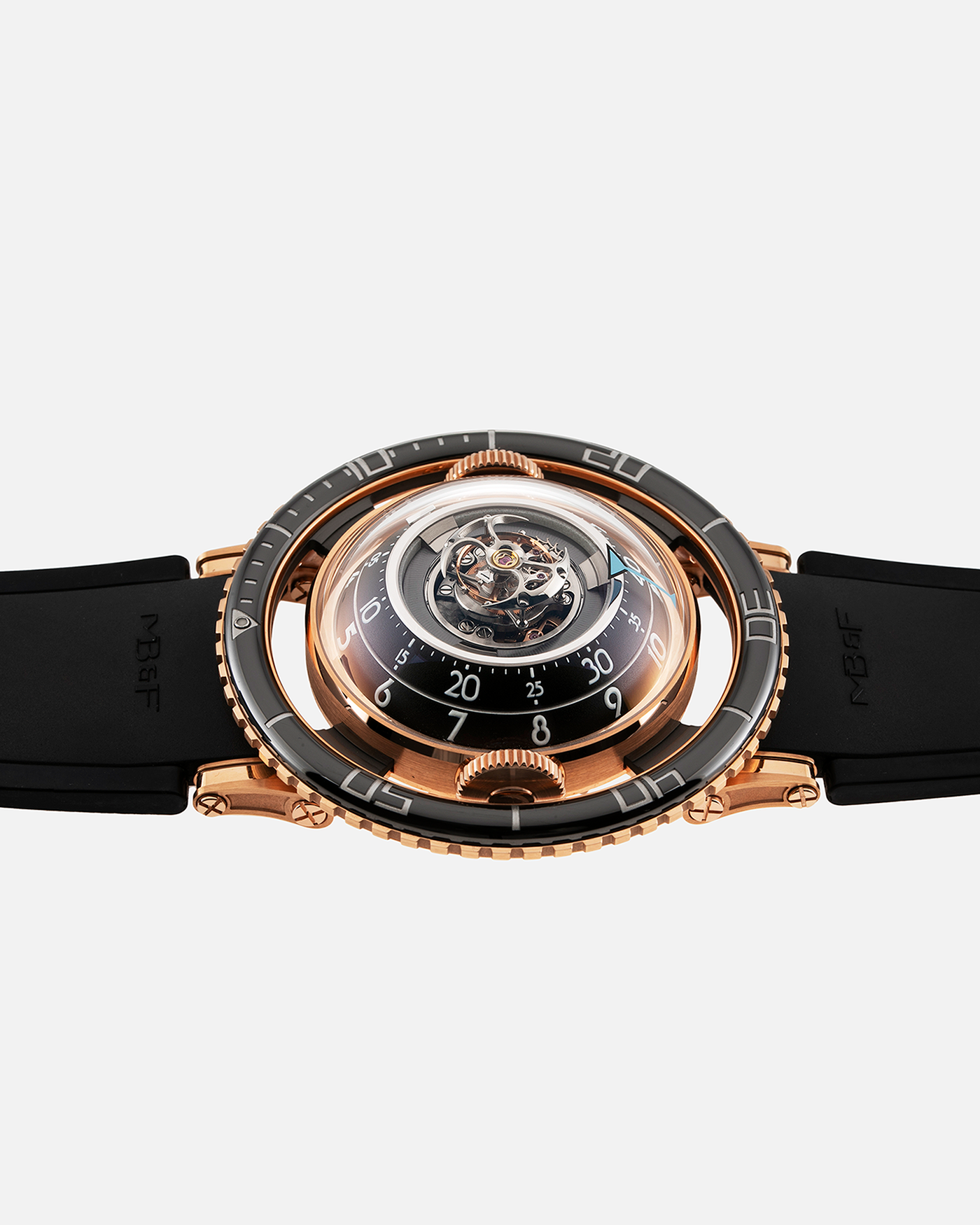 Brand: MB&F Year: 2022 Model: HM7 Aquapod Material: 18k Rose Gold Movement: In-House 3D Vertical Architecture MB&F HM7 Tourbillon Case Diameter: 53.8mm X 21.3mm With Articulating Lugs Bracelet/Strap: MB&F Black Rubber Strap with 18k Rose Gold Deployant Clasp