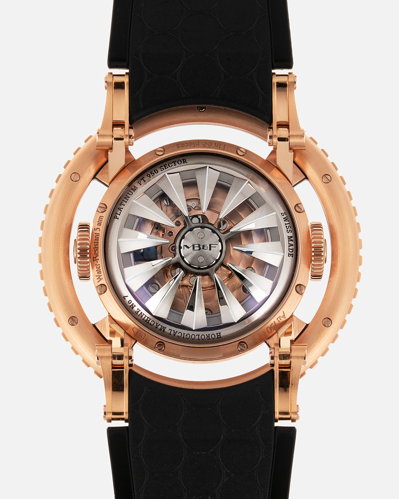 Brand: MB&F Year: 2022 Model: HM7 Aquapod Material: 18k Rose Gold Movement: In-House 3D Vertical Architecture MB&F HM7 Tourbillon Case Diameter: 53.8mm X 21.3mm With Articulating Lugs Bracelet/Strap: MB&F Black Rubber Strap with 18k Rose Gold Deployant Clasp
