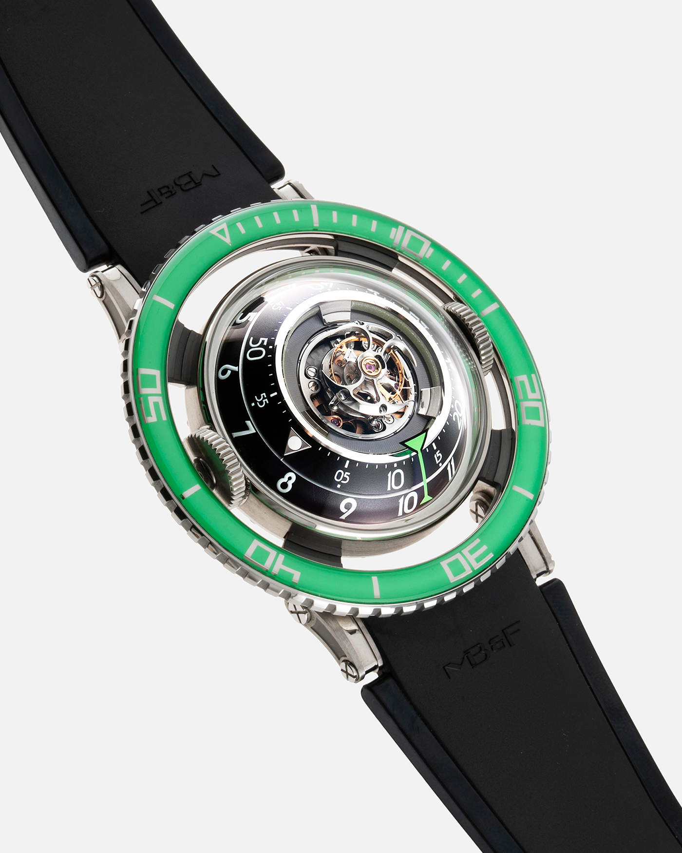 Brand: MB&F Year: 2021 Model: HM7 Aquapod Material: Grade 5 Titanium Movement: In-House 3D Vertical Architecture MB&F HM7 Tourbillon, Self-Winding Case Diameter: 53.8mm X 21.3mm With Articulating Lugs Bracelet/Strap: MB&F Black Rubber Strap with Grade 5 Titanium Deployant Clasp
