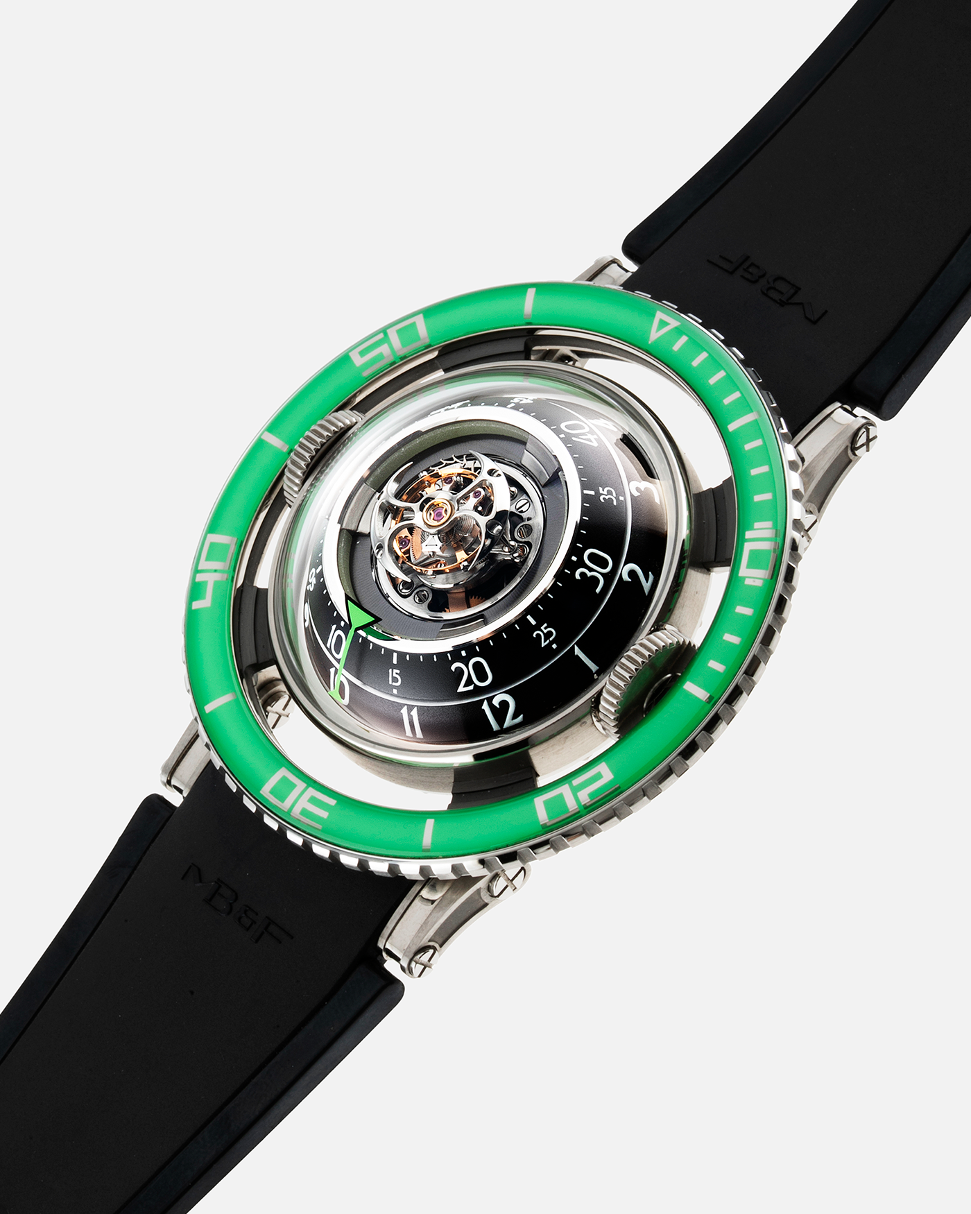 Brand: MB&F Year: 2021 Model: HM7 Aquapod Material: Grade 5 Titanium Movement: In-House 3D Vertical Architecture MB&F HM7 Tourbillon, Self-Winding Case Diameter: 53.8mm X 21.3mm With Articulating Lugs Bracelet/Strap: MB&F Black Rubber Strap with Grade 5 Titanium Deployant Clasp