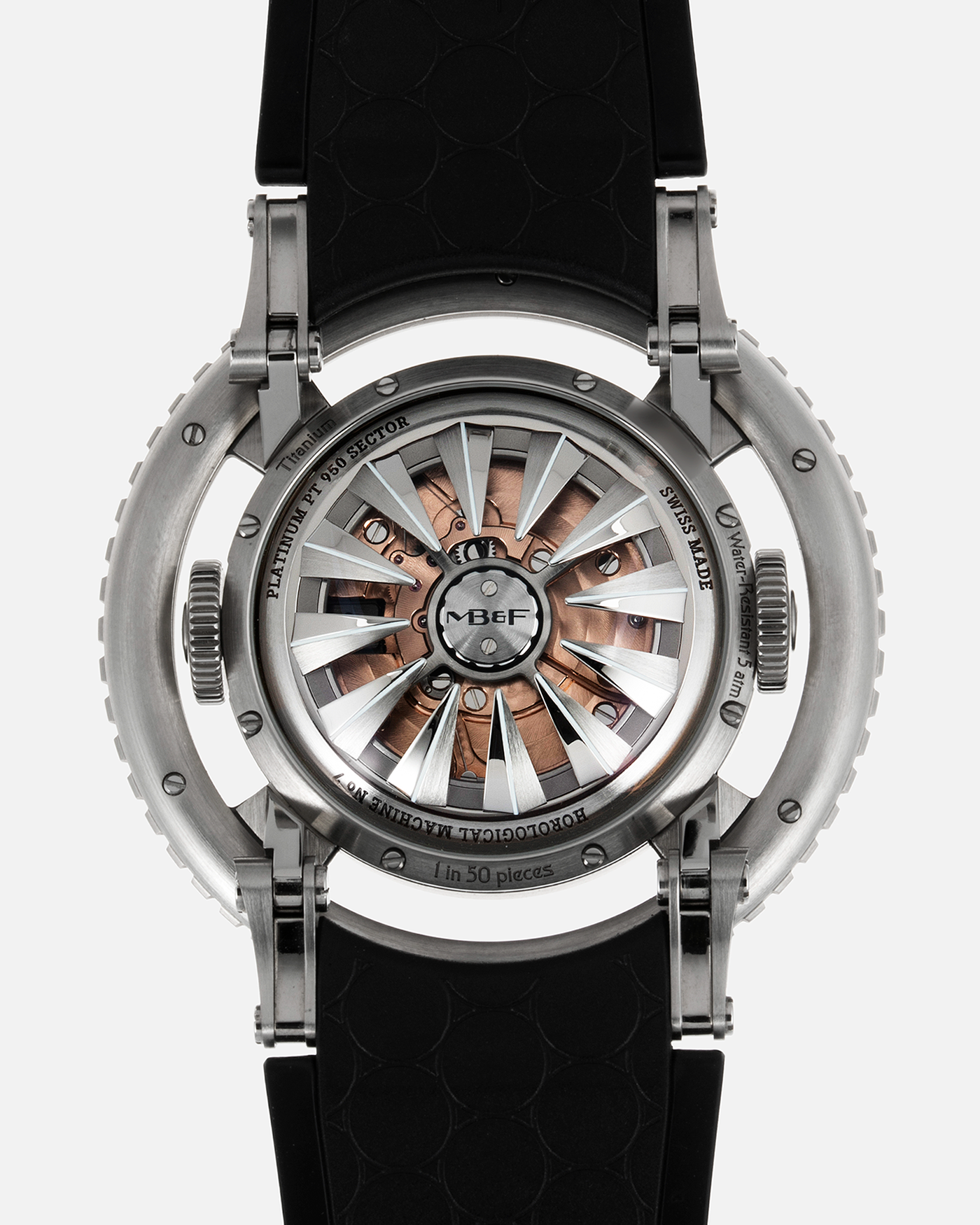 Brand: MB&F Year: 2021 Model: HM7 Aquapod Material: Grade 5 Titanium Movement: In-House 3D Vertical Architecture MB&F HM7 Tourbillon, Self-Winding Case Diameter: 53.8mm X 21.3mm With Articulating Lugs Bracelet/Strap: MB&F Black Rubber Strap with Grade 5 Titanium Deployant Clasp
