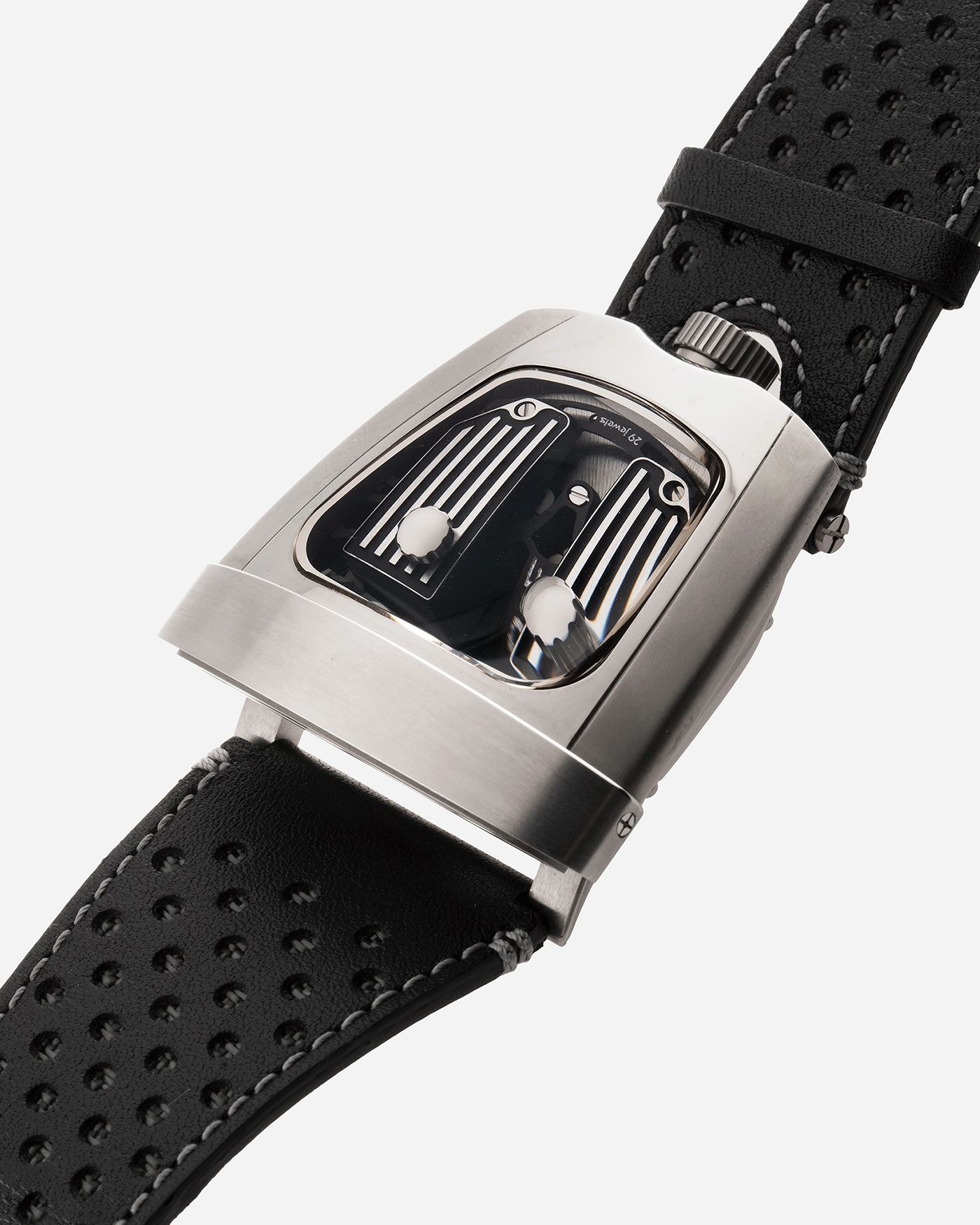 Brand: MB&F Year: 2018 Model: HMX Black Lotus 10th Anniversary Material: Stainless Steel and Titanium Movement: Selitta Based Self Winding Movement Case Diameter: 46.8 x 44.3 x 20.7 mm Bracelet/Strap: MB&F Black Leather Strap and Tang Buckle