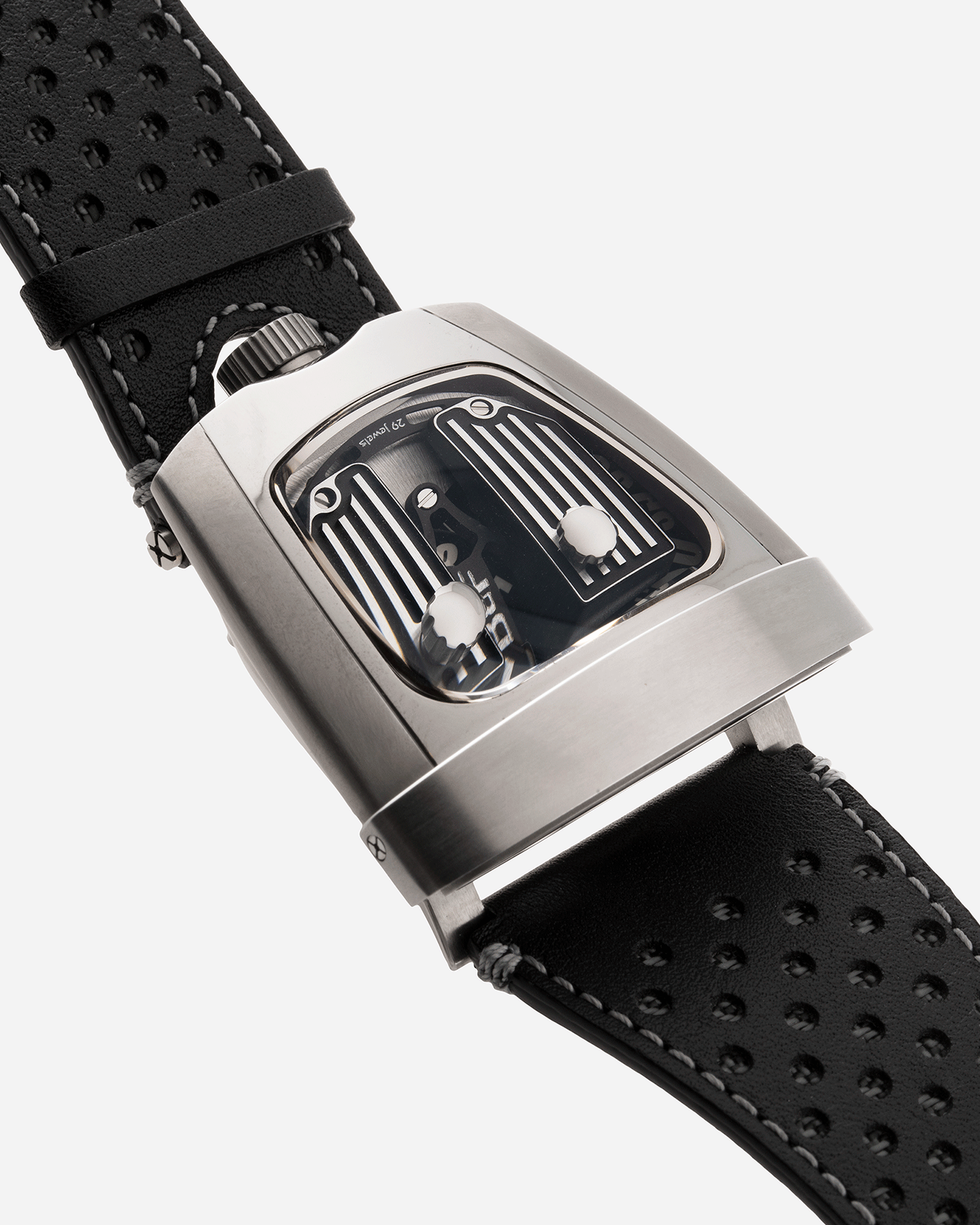 Brand: MB&F Year: 2018 Model: HMX Black Lotus 10th Anniversary Material: Stainless Steel and Titanium Movement: Selitta Based Self Winding Movement Case Diameter: 46.8 x 44.3 x 20.7 mm Bracelet/Strap: MB&F Black Leather Strap and Tang Buckle