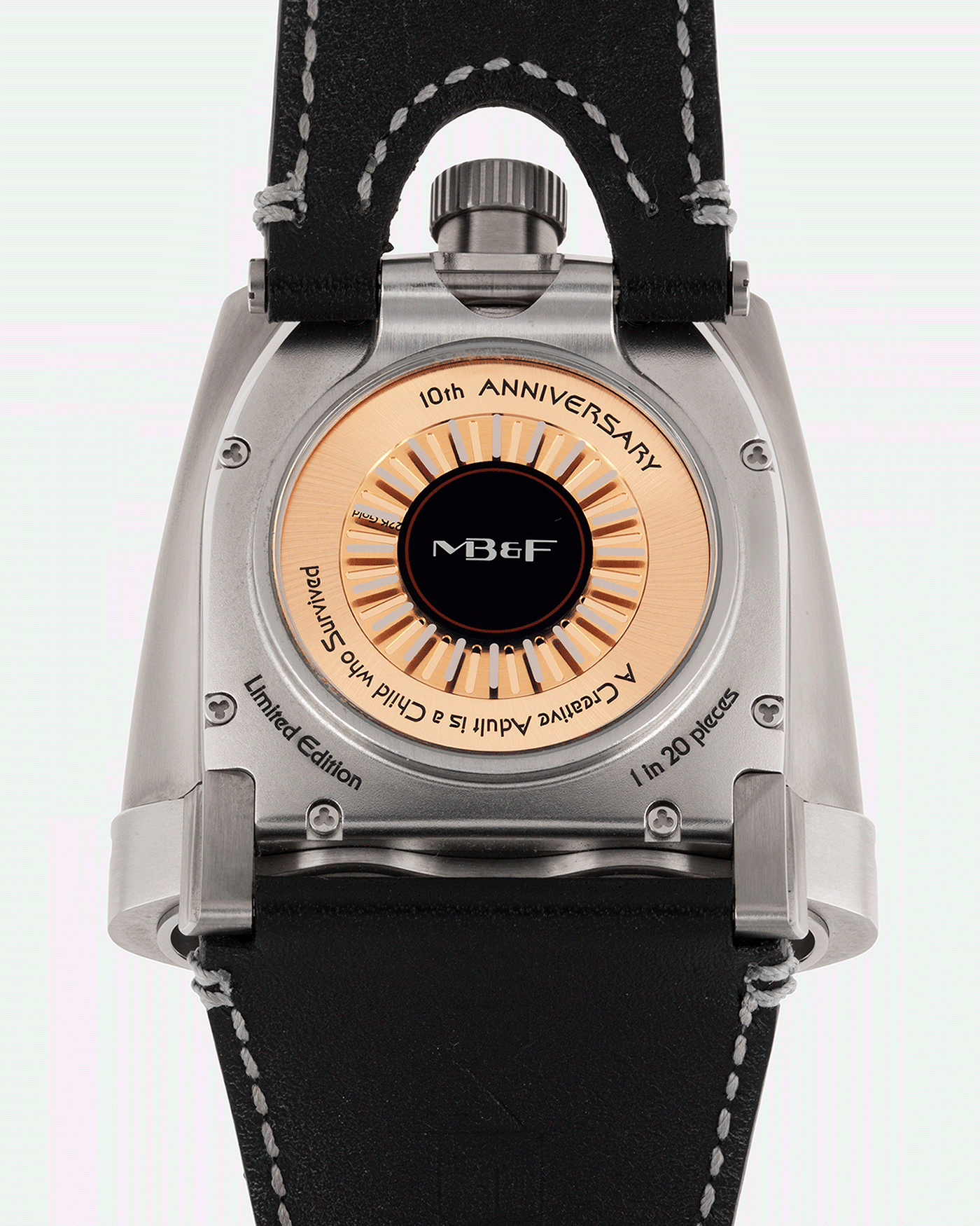 Brand: MB&F Year: 2018 Model: HMX Black Lotus 10th Anniversary Material: Stainless Steel and Titanium Movement: Selitta Based Self Winding Movement Case Diameter: 46.8 x 44.3 x 20.7 mm Bracelet/Strap: MB&F Black Leather Strap and Tang Buckle