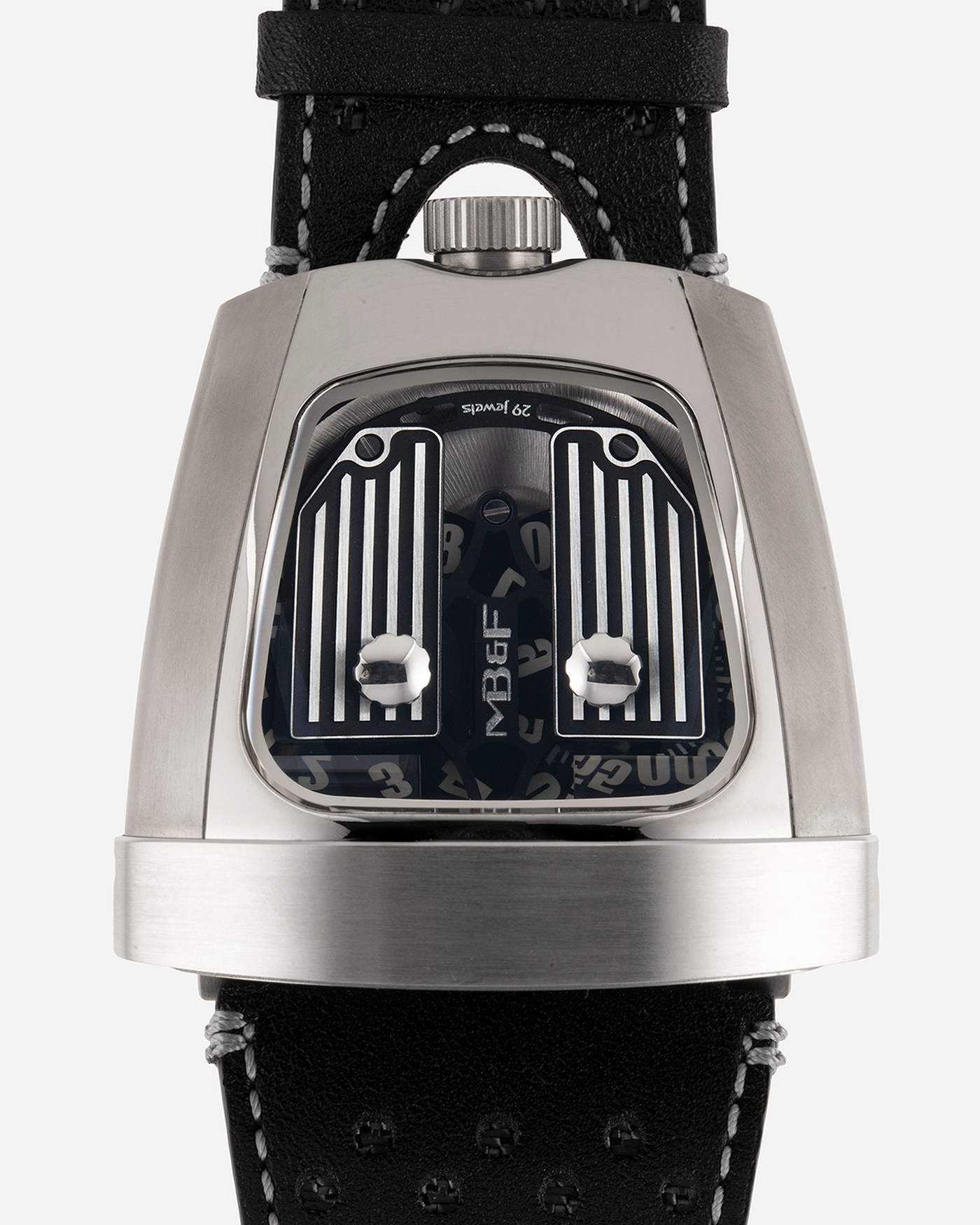 Brand: MB&F Year: 2018 Model: HMX Black Lotus 10th Anniversary Material: Stainless Steel and Titanium Movement: Selitta Based Self Winding Movement Case Diameter: 46.8 x 44.3 x 20.7 mm Bracelet/Strap: MB&F Black Leather Strap and Tang Buckle