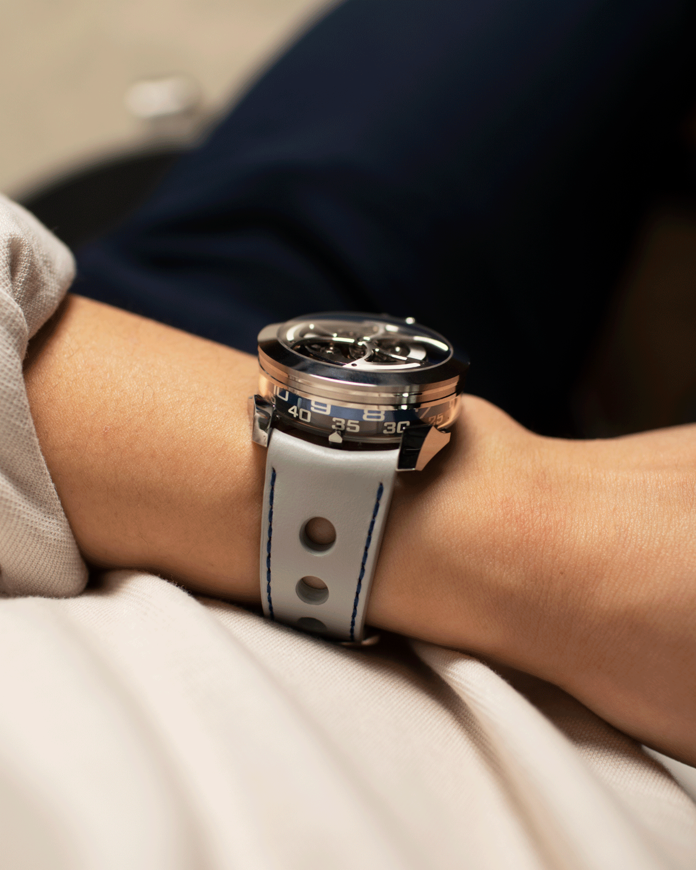 Brand: MB&F Year: 2021 Model: MAD 1 Material: Stainless Steel and Titanium Movement: Miyota Cal 821A Case Diameter: 42mm Bracelet/Strap: MB&F White Grey Leather Rally Strap and Stainless Steel Deployant 