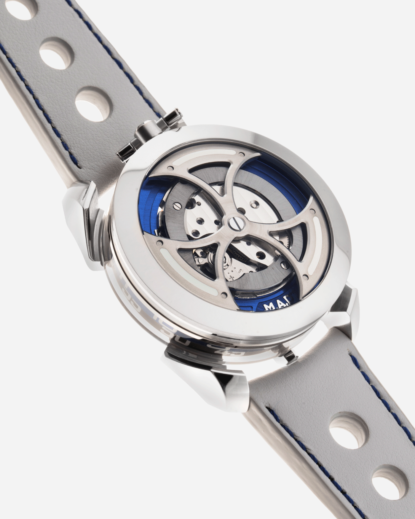 Brand: MB&F Year: 2021 Model: MAD 1 Material: Stainless Steel and Titanium Movement: Miyota Cal 821A Case Diameter: 42mm Bracelet/Strap: MB&F White Grey Leather Rally Strap and Stainless Steel Deployant 