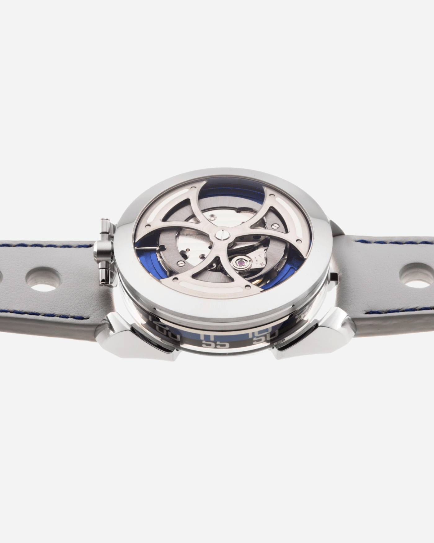 Brand: MB&F Year: 2021 Model: MAD 1 Material: Stainless Steel and Titanium Movement: Miyota Cal 821A Case Diameter: 42mm Bracelet/Strap: MB&F White Grey Leather Rally Strap and Stainless Steel Deployant 
