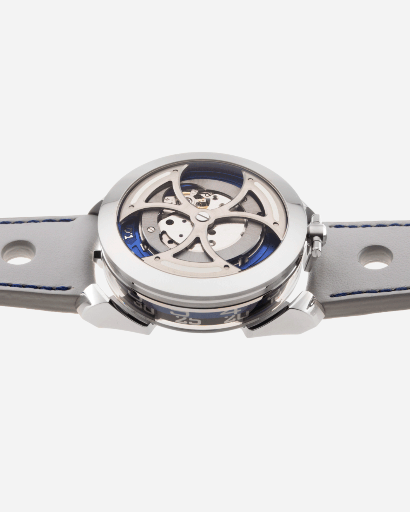Brand: MB&F Year: 2021 Model: MAD 1 Material: Stainless Steel and Titanium Movement: Miyota Cal 821A Case Diameter: 42mm Bracelet/Strap: MB&F White Grey Leather Rally Strap and Stainless Steel Deployant 