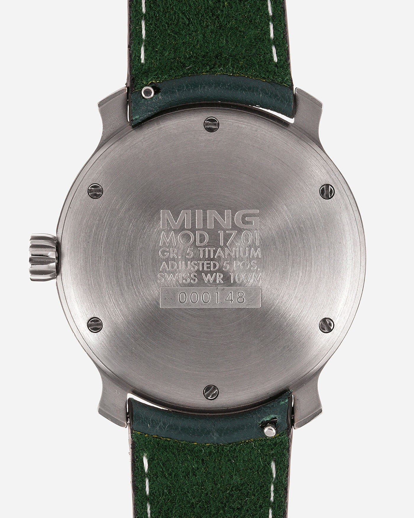 Brand: Ming Year: 2017 Model: 17.01 Material: Grade 5 Titanium Movement: Hand-winding mechanical movement Sellita SW210-1 Case Diameter: 38mm Strap: Jean Rousseau Green Smooth Calf for MINGBrand: Ming Year: 2017 Model: 17.01 Material: Grade 5 Titanium Movement: Hand-winding mechanical movement Sellita SW210-1 Case Diameter: 38mm Strap: Jean Rousseau Green Smooth Calf for MING