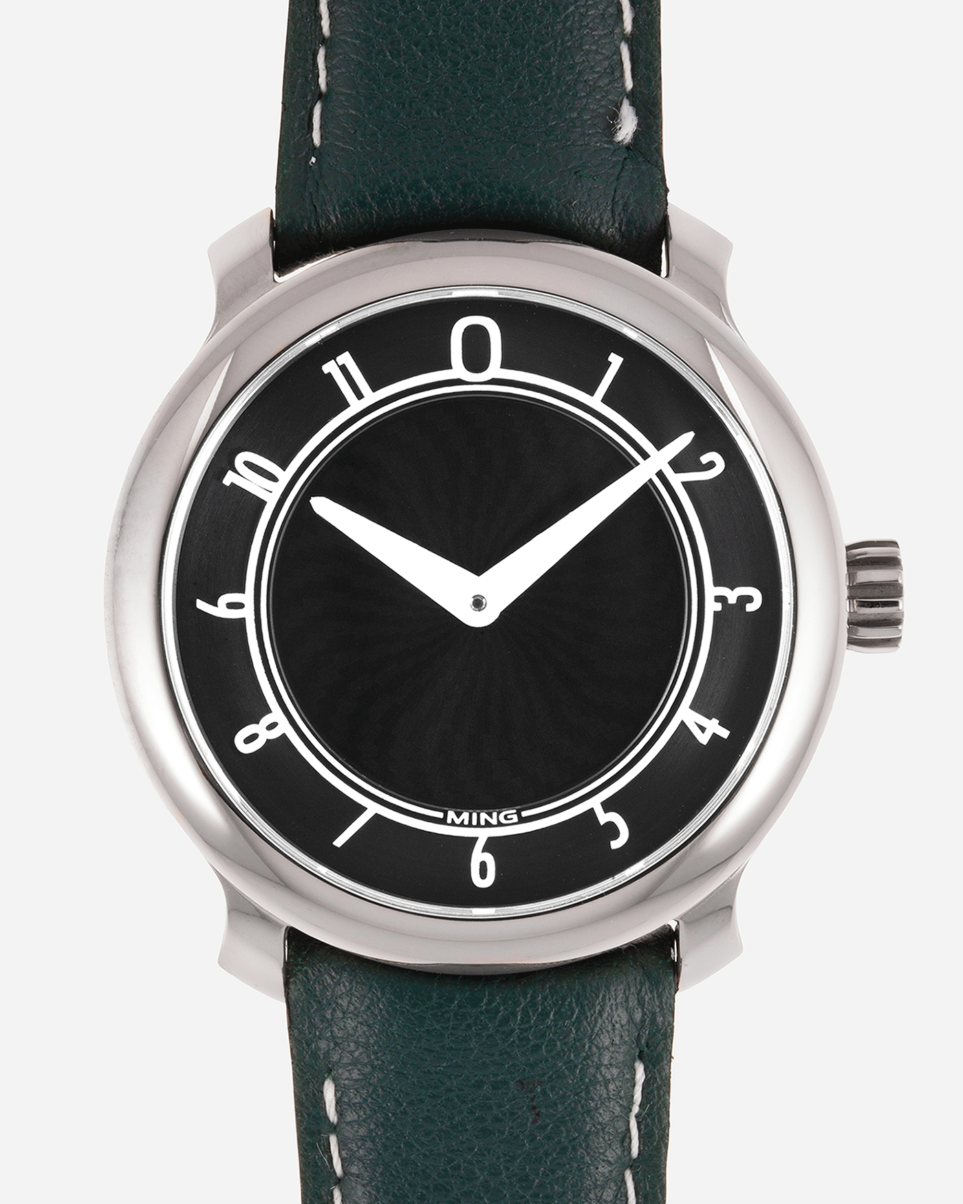 Brand: Ming Year: 2017 Model: 17.01 Material: Grade 5 Titanium Movement: Hand-winding mechanical movement Sellita SW210-1 Case Diameter: 38mm Strap: Jean Rousseau Green Smooth Calf for MING