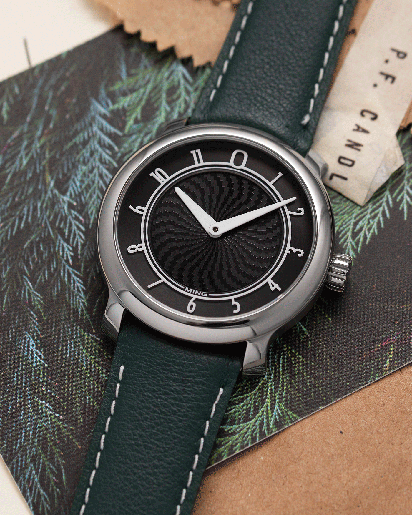 Brand: Ming Year: 2017 Model: 17.01 Material: Grade 5 Titanium Movement: Hand-winding mechanical movement Sellita SW210-1 Case Diameter: 38mm Strap: Jean Rousseau Green Smooth Calf for MING
