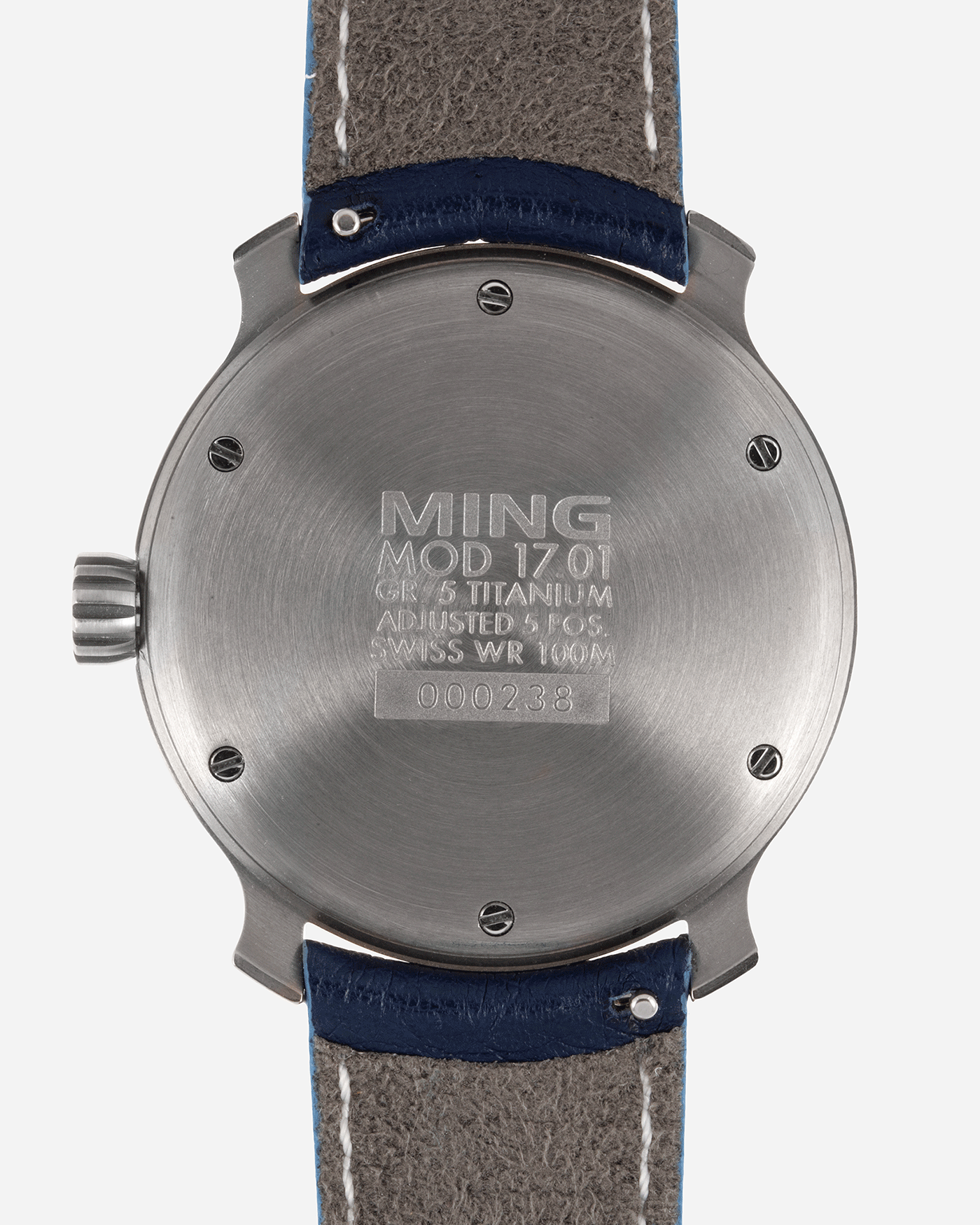 Brand: Ming Year: 2017 Model: 17.01 Material: Grade 5 Titanium Movement: Hand-winding mechanical movement Sellita SW210-1 Case Diameter: 38mm Strap: Jean Rousseau Blue Strap for MING