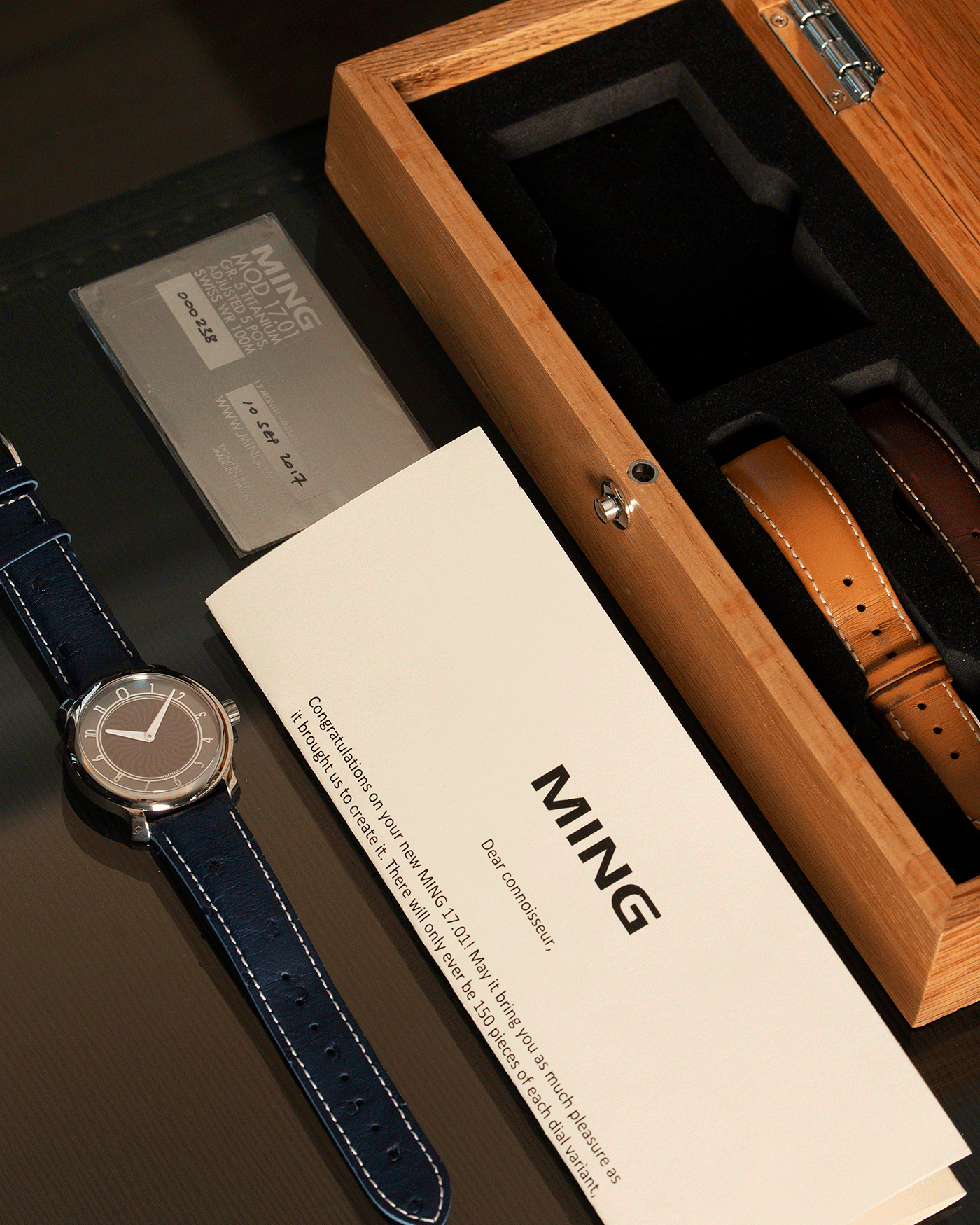 Brand: Ming Year: 2017 Model: 17.01 Material: Grade 5 Titanium Movement: Hand-winding mechanical movement Sellita SW210-1 Case Diameter: 38mm Strap: Jean Rousseau Blue Strap for MING