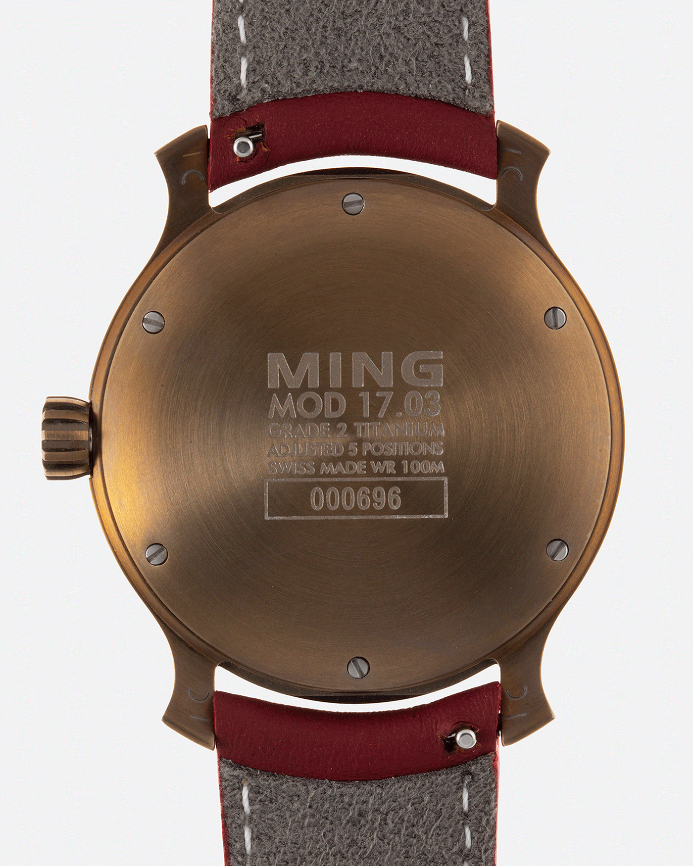 Brand: Ming Year: 2018 Model: 17.03 BB Edition Material: Anodised Grade 2 Titanium Movement: Self-Winding Sellita SW 330-1 Case Diameter: 38mm Strap: Ming Burgundy Smooth Calf by Jean Rousseau Paris and Matching Annodised Grade 2 Titanium Tang Buckle