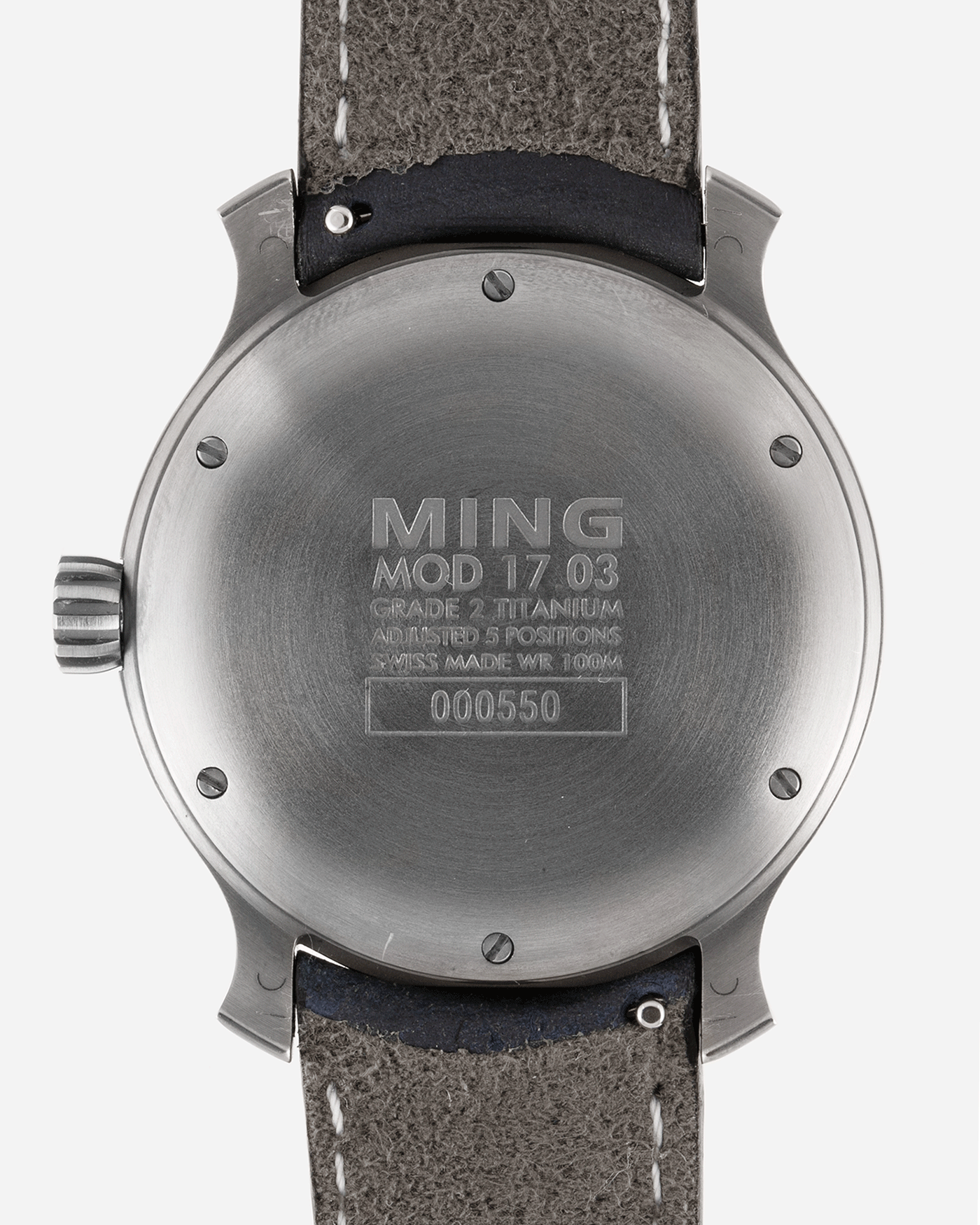 Brand: Ming Year: 2018 Model: 17.03 Material: Grade 2 Titanium Movement: Self-Winding Sellita SW 330-1 Case Diameter: 38mm Strap: Jean Rousseau Blue Grey Smooth Calf for MING