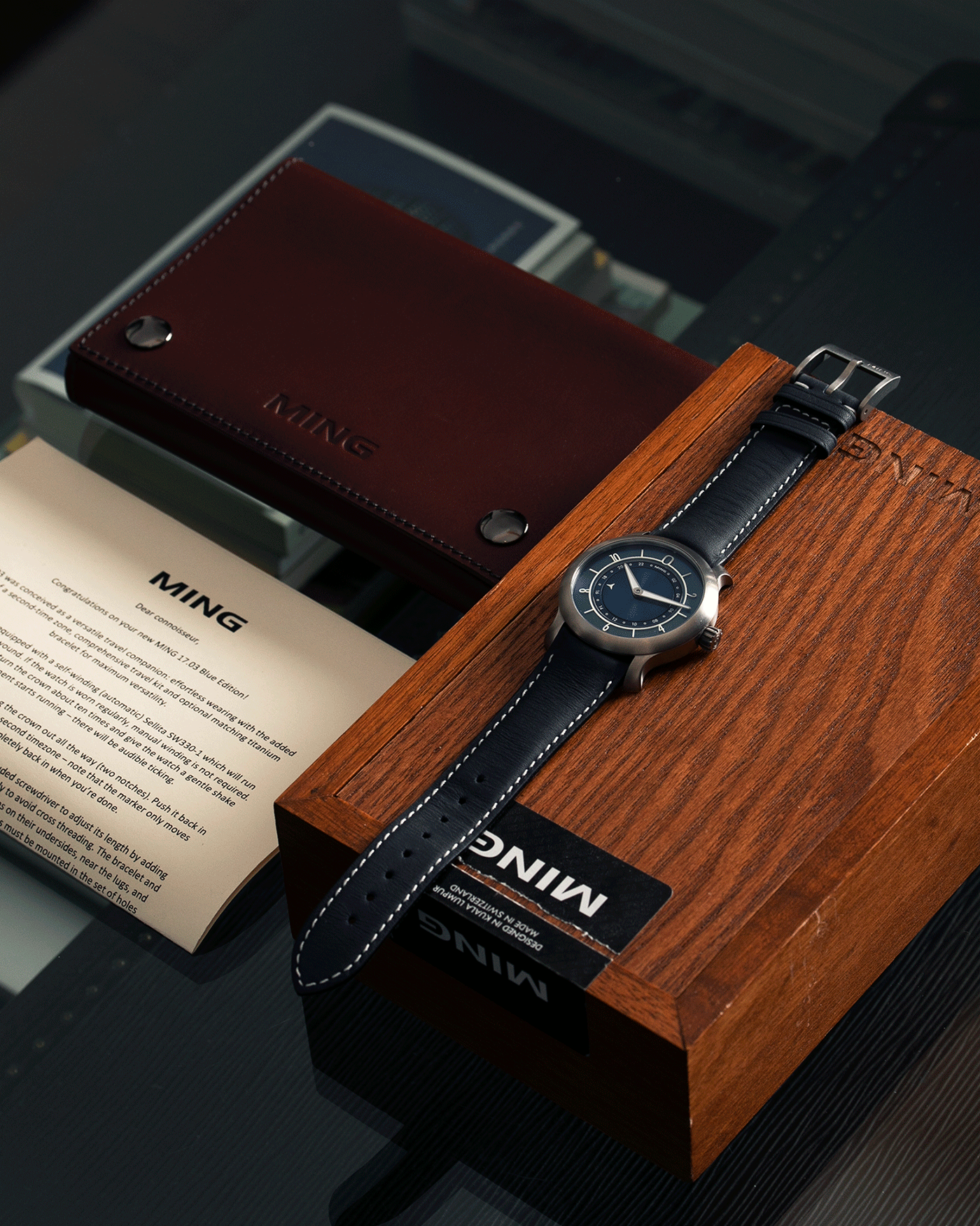 Brand: Ming Year: 2018 Model: 17.03 Material: Grade 2 Titanium Movement: Self-Winding Sellita SW 330-1 Case Diameter: 38mm Strap: Jean Rousseau Blue Grey Smooth Calf for MING