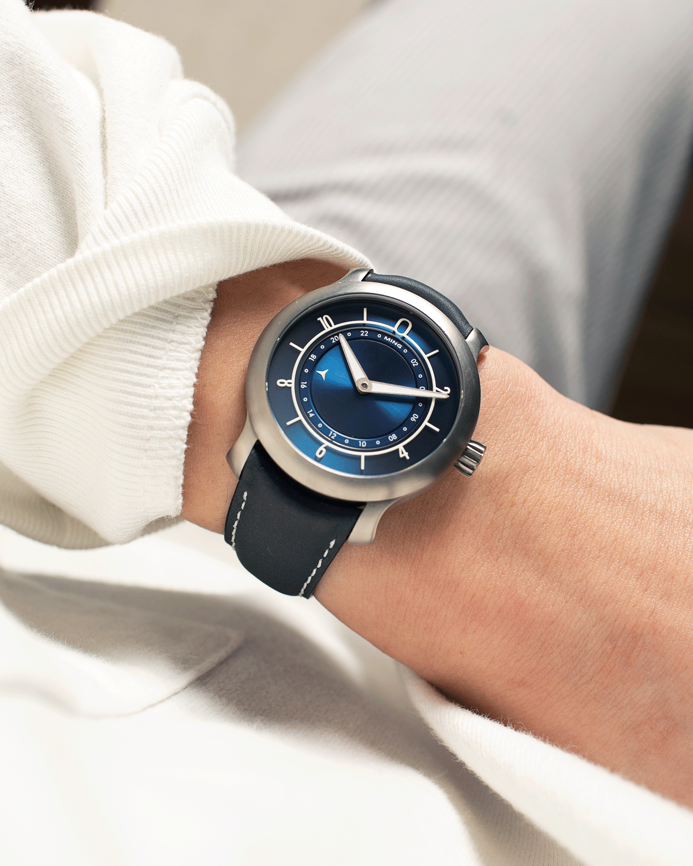 Brand: Ming Year: 2018 Model: 17.03 Material: Grade 2 Titanium Movement: Self-Winding Sellita SW 330-1 Case Diameter: 38mm Strap: Jean Rousseau Blue Grey Smooth Calf for MING